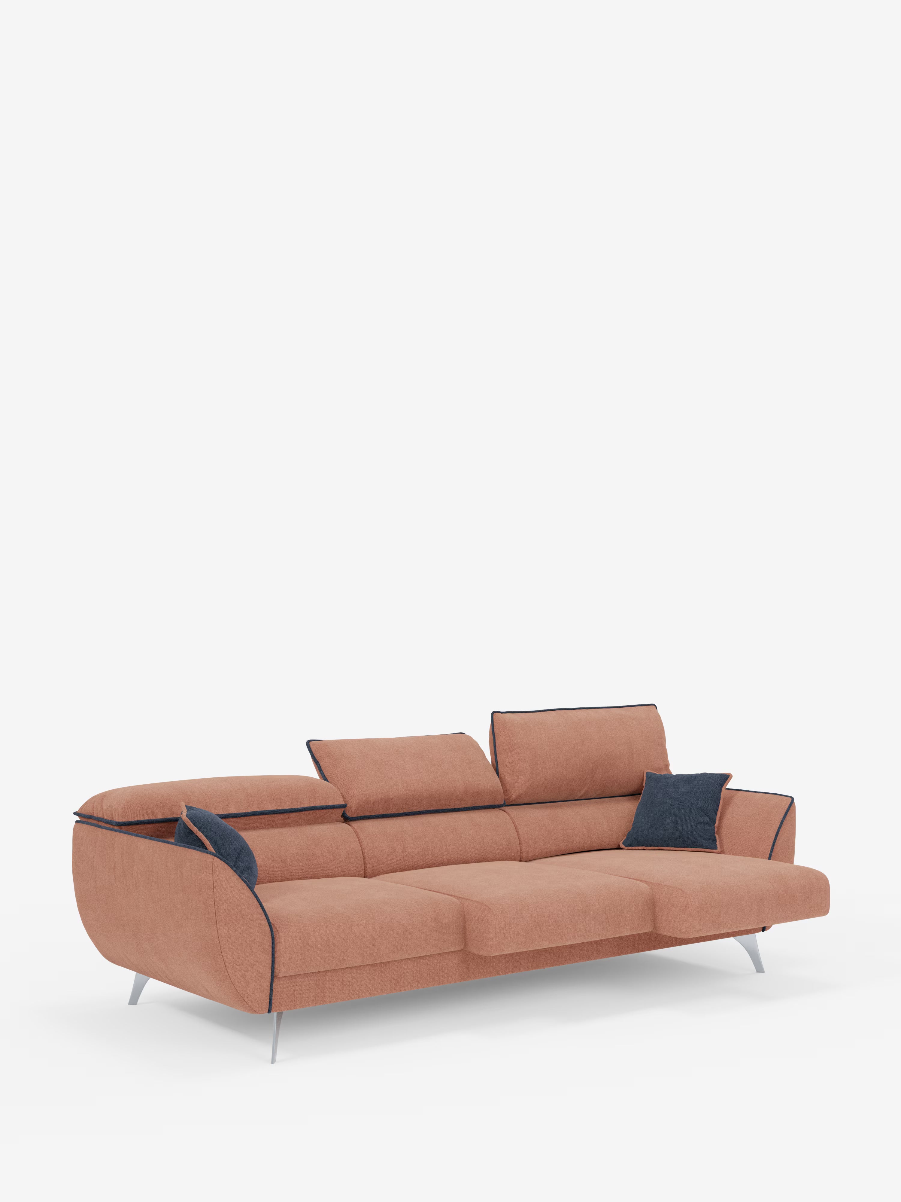 Michelangelo 4 Sitzer Zweifarbiges - Sofa mit 3 ausziehbaren Sitzen und verstellbaren Kopfstützen aus abwaschbarem Stoff T23 pfirsich-schieferblau