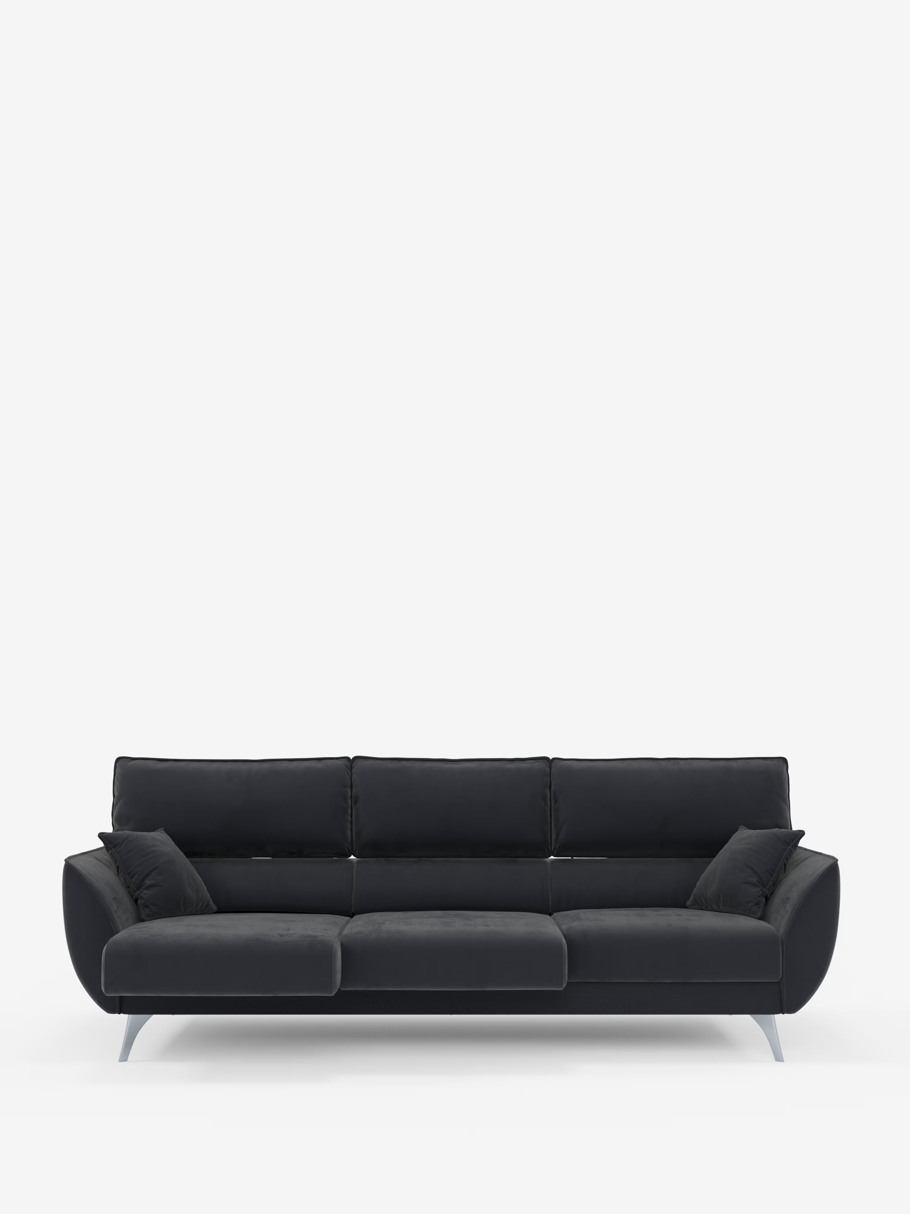 Un divano Michelangelo 4 Posti di Divani.Store, dal design contemporaneo e dal colore grigio scuro — dotato di tre sedute estensibili e poggiatesta regolabili, rivestito in elegante velluto T30 resistente alle macchie — spicca su uno sfondo bianco a tinta unita. Due cuscini decorativi abbinati sono disposti alle due estremità del divano, esaltandone sia il comfort che lo stile.