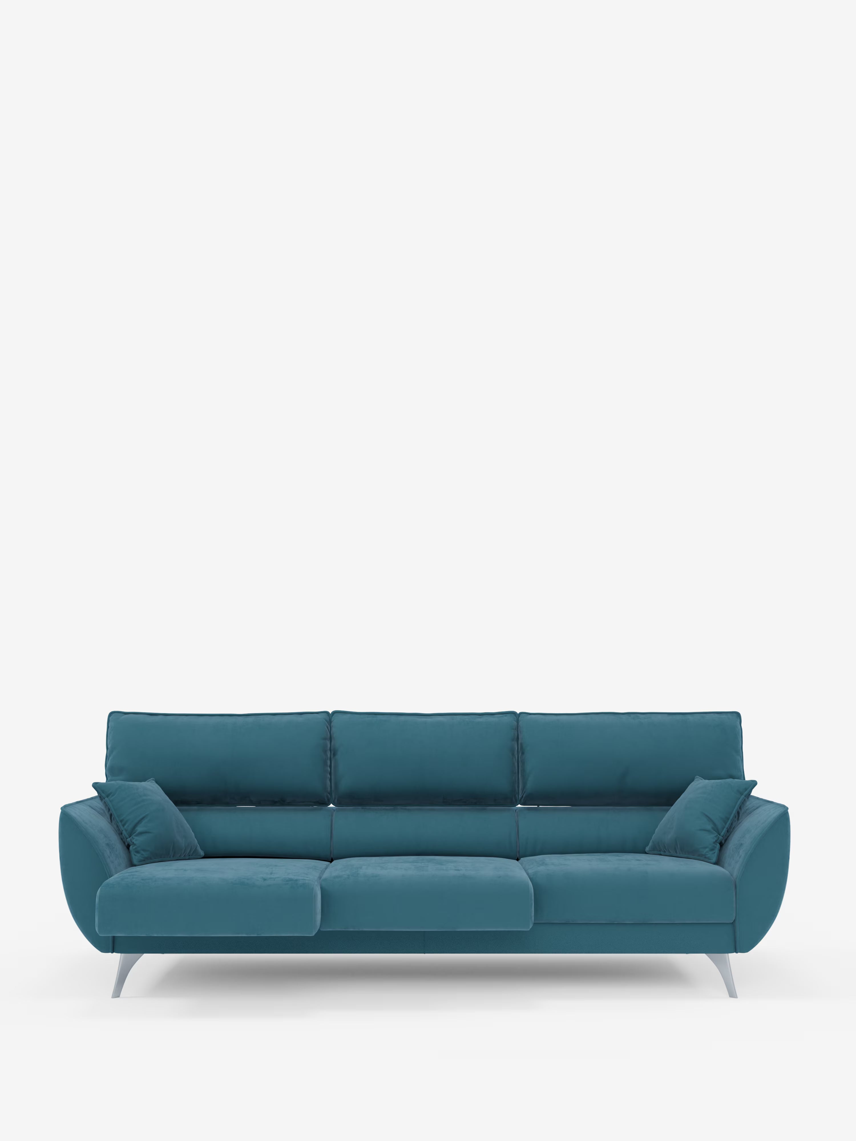 Un divano contemporaneo color blu verde acqua, il Michelangelo 4 Posti di Divani.Store, è dotato di tre sedute estensibili e poggiatesta reclinabili per un maggiore comfort e versatilità. Rivestito in elegante velluto T30 resistente alle macchie, è dotato di morbidi cuscini per seduta e schienale, braccioli angolati, due cuscini decorativi coordinati e sottili gambe in metallo argentato. Nella foto è raffigurato su uno sfondo bianco a tinta unita.