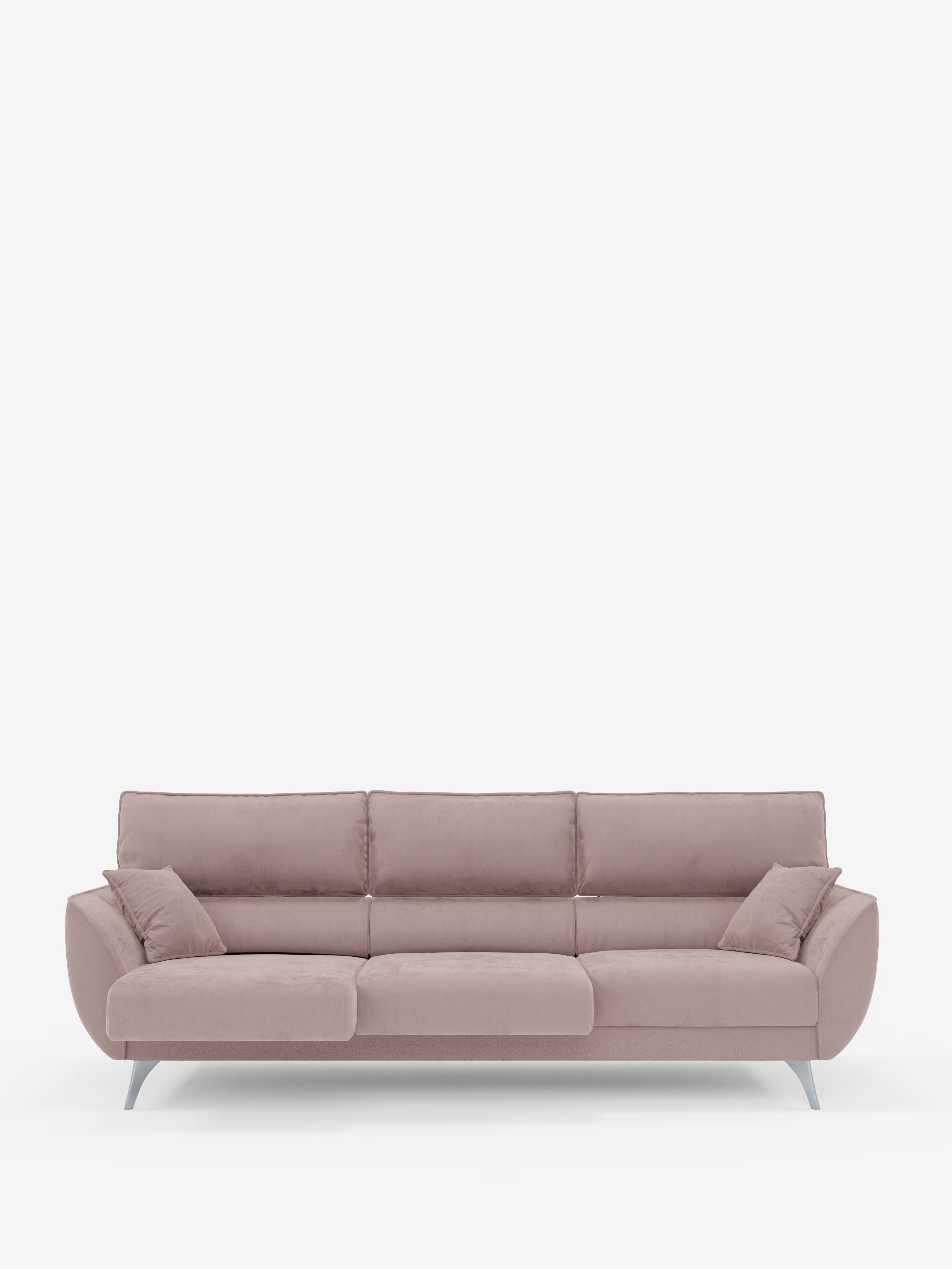 Il divano Michelangelo 4 Posti di Divani.Store è un divano moderno color malva chiaro, dotato di tre sedute estensibili e poggiatesta regolabili, rivestito in elegante velluto T30 resistente alle macchie. Caratterizzato da due cuscini laterali abbinati e da sottili gambe in metallo argentato, unisce il comfort e la versatilità tipici dei modelli a chaise longue e dei spaziosi divani a quattro posti su uno sfondo bianco a tinta unita.