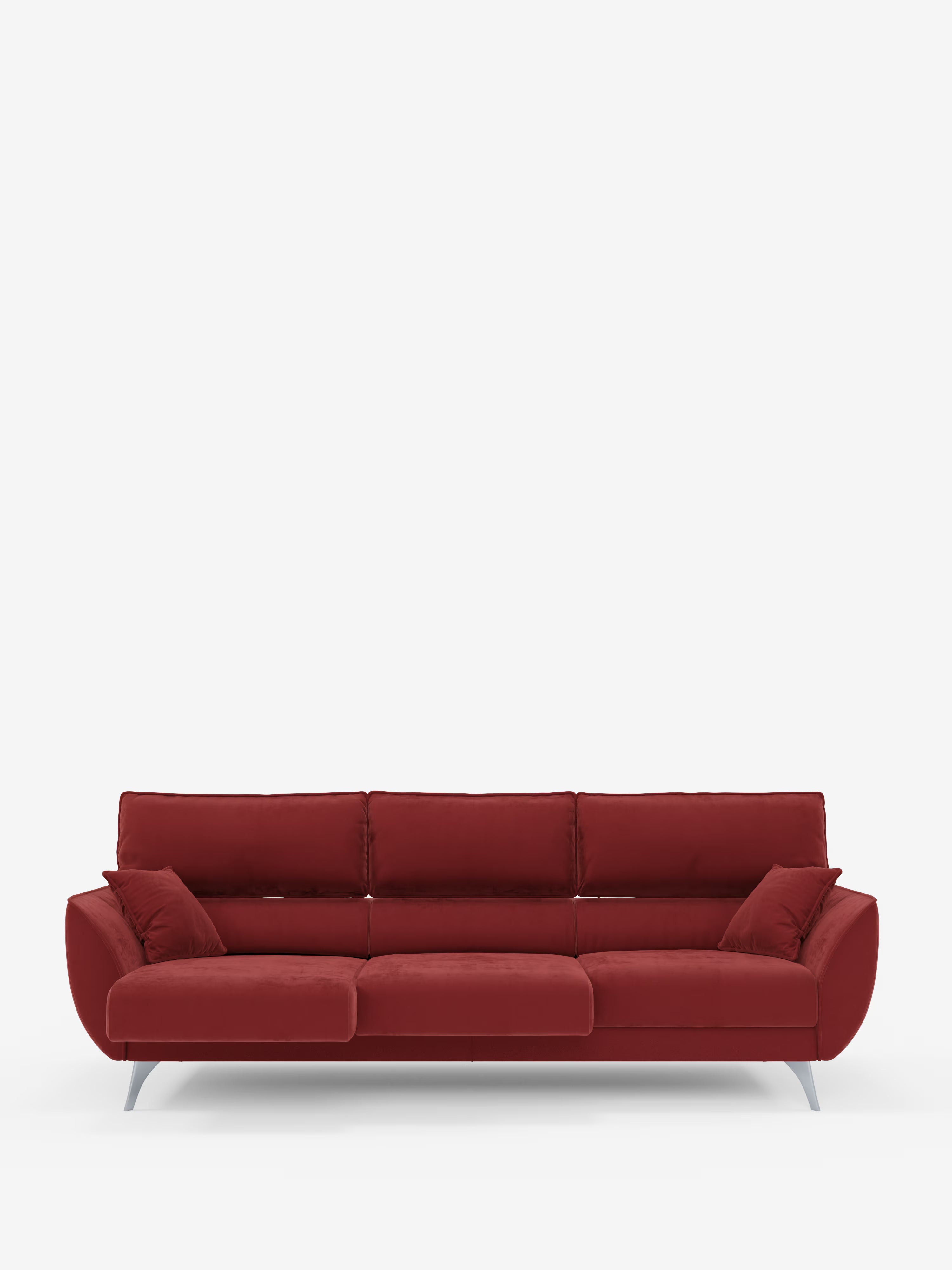 Vi presentiamo il divano Michelangelo 4 Posti di Divani.Store: un divano contemporaneo dall’effetto velluto rosso, realizzato in elegante tessuto velour T30 resistente alle macchie. Questo divano di grande stile è dotato di tre sedute estensibili e poggiatesta reclinabili per un comfort personalizzabile, oltre a due cuscini decorativi coordinati e a eleganti gambe in metallo. Su uno sfondo bianco a tinta unita, il suo colore audace e il design moderno risaltano magnificamente.