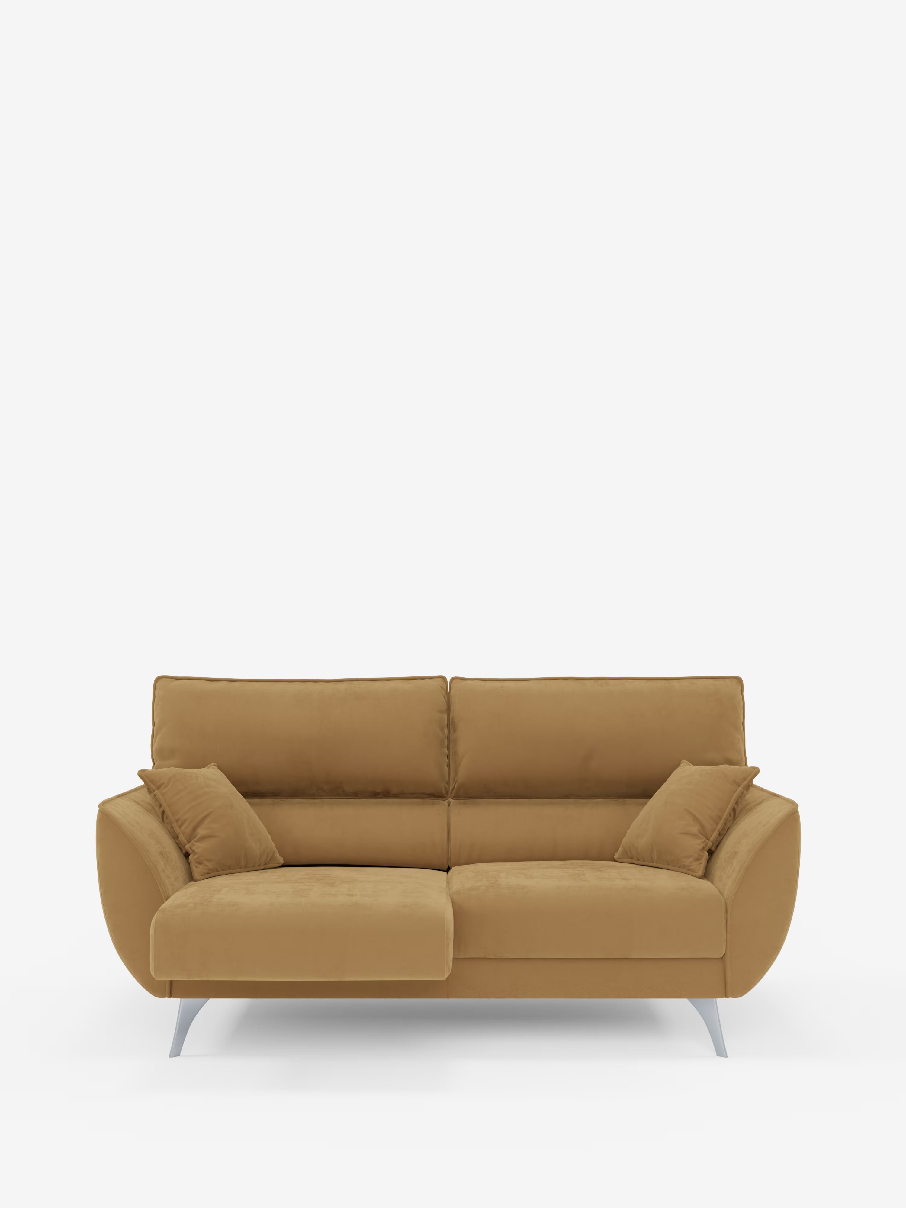 Un divano Michelangelo contemporaneo color marrone chiaro a 2 e 3 posti di Divani.Store, caratterizzato da due cuscini di seduta allungati, due ampi cuscini dello schienale, braccioli angolati ed eleganti gambe in metallo. Due cuscini decorativi coordinati sono appoggiati ai braccioli. Con sedute allungabili e poggiatesta reclinabili in tessuto T30 facile da pulire, questa silhouette moderna risalta sullo sfondo bianco a tinta unita: perfetta come elegante elemento centrale per il tuo spazio.