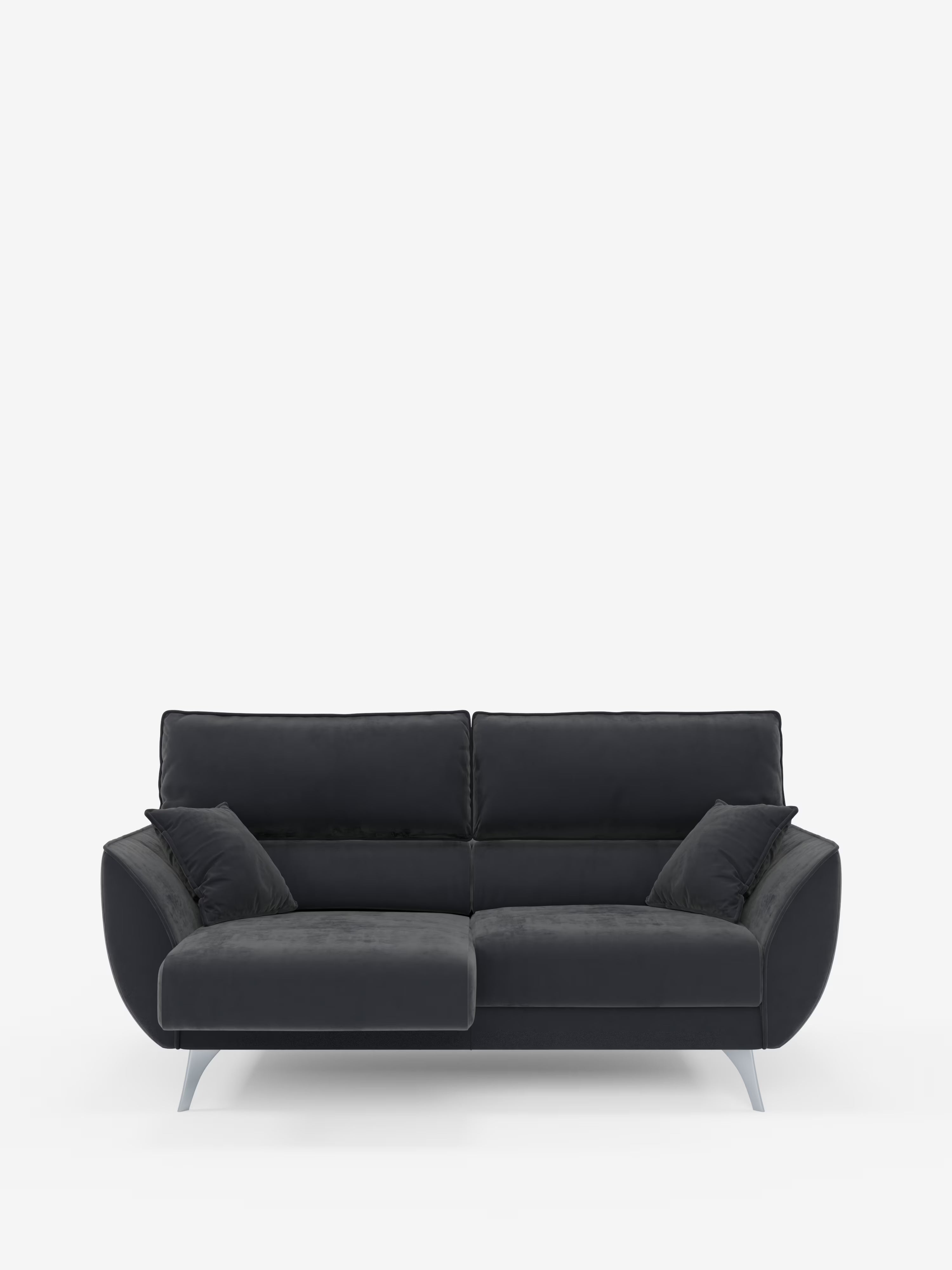 Il divano Michelangelo a 2 e 3 posti di Divani.Store è un moderno divano componibile grigio scuro, caratterizzato da gambe in metallo, due cuscini dello schienale, una chaise longue sul lato sinistro e due cuscini coordinati. Rivestito in tessuto T30 facile da pulire, con sedute estensibili e poggiatesta reclinabili, questo versatile divano è perfetto per gli spazi abitativi contemporanei e risalta con eleganza su uno sfondo bianco a tinta unita.