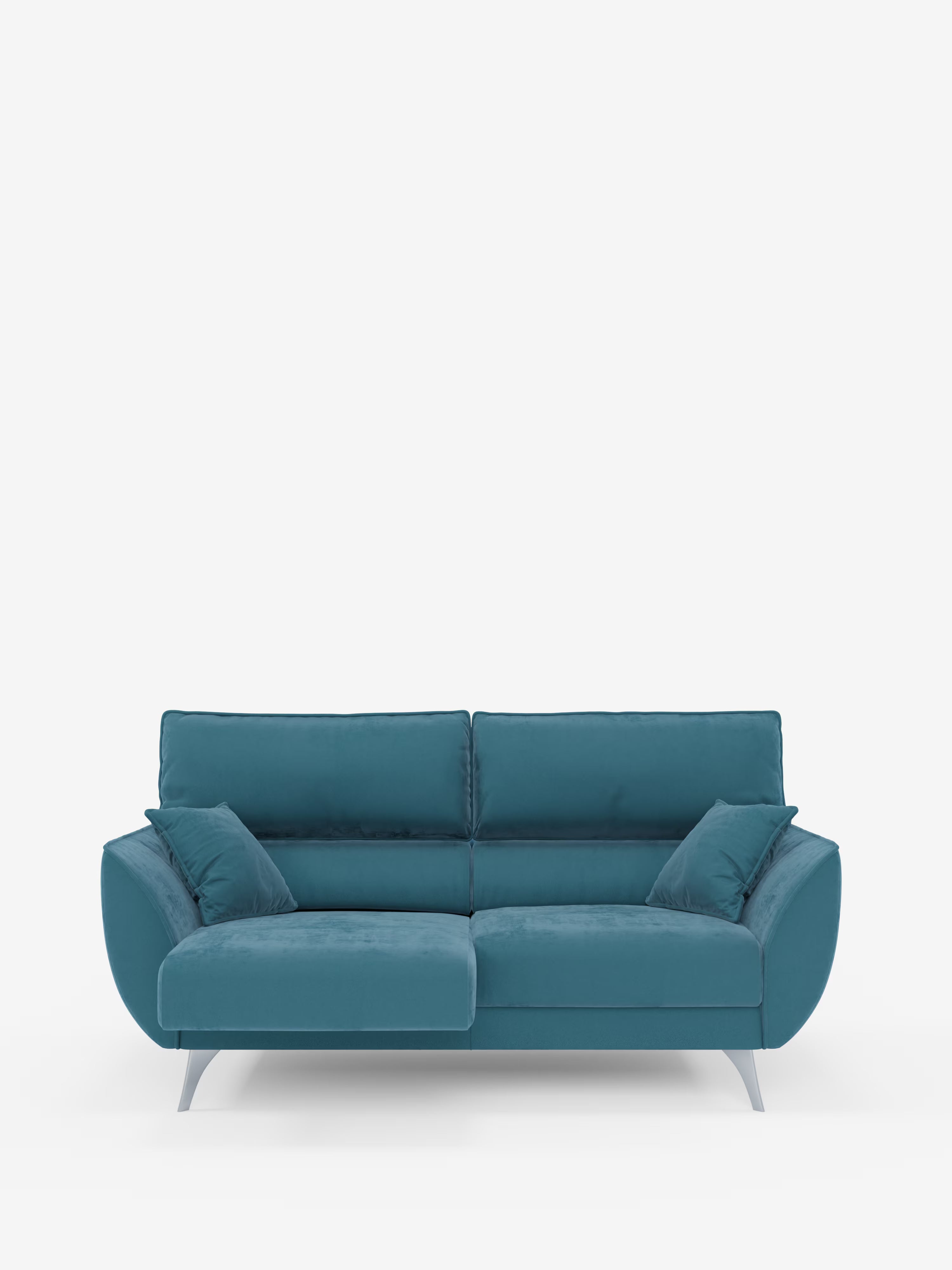 Vi presentiamo il divano Michelangelo a 2 e 3 posti con sedute allungabili e poggiatesta reclinabili in tessuto smacchiabile T30 di Divani.Store: un moderno divano color verde acqua dotato di due cuscini di seduta, due cuscini di schienale, braccioli angolati e due cuscini decorativi abbinati. Questo divano moderno colpisce per il suo profilo basso ed elegante e per le corte gambe argentate, che risaltano con raffinatezza sullo sfondo bianco a tinta unita.