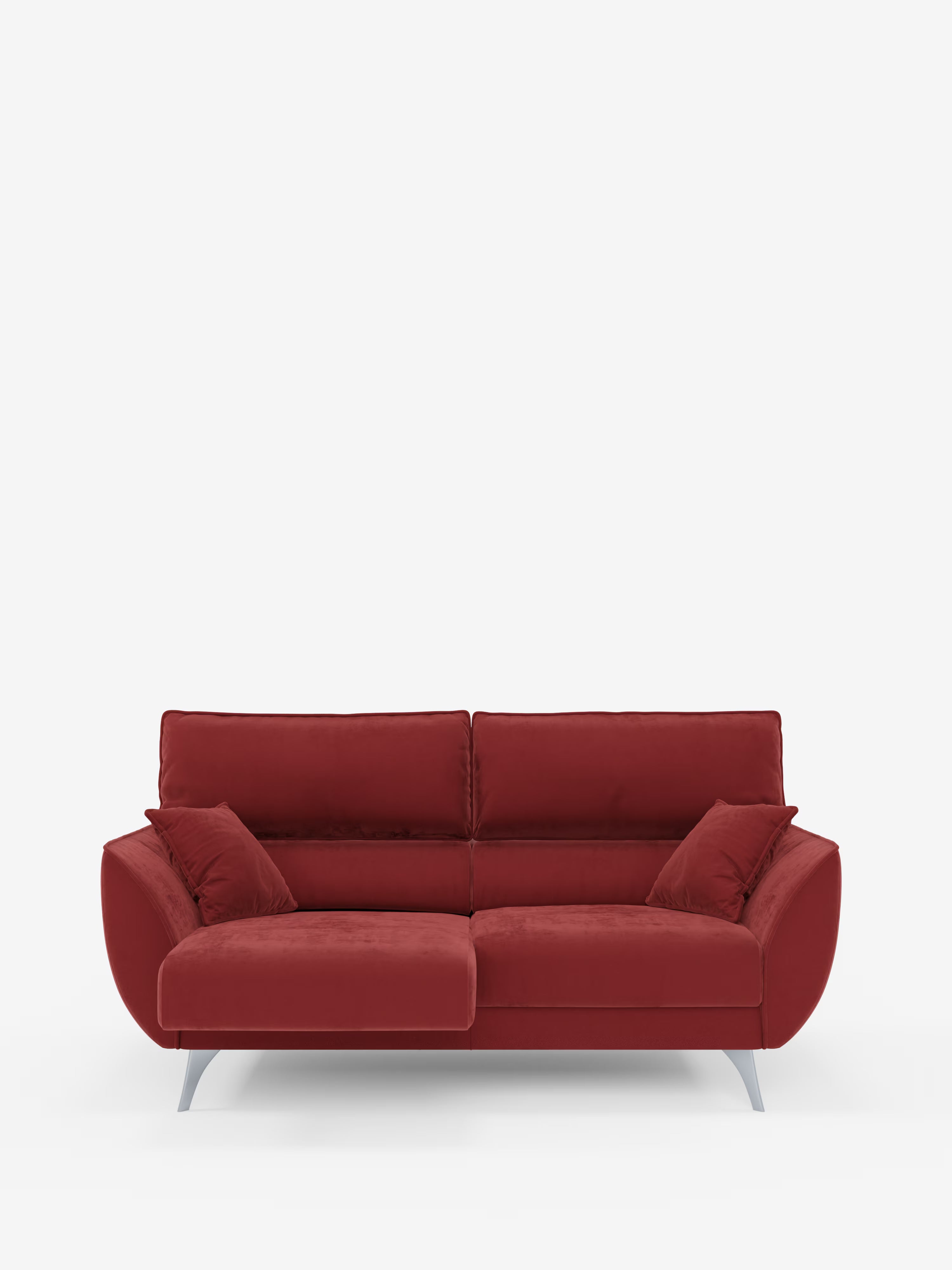 Un divano contemporaneo “Michelangelo” rosso a 2 e 3 posti di Divani.Store, rivestito in tessuto T30 antimacchia, è dotato di due cuscini di seduta di generose dimensioni, due cuscini dello schienale e due cuscini decorativi abbinati. Questo divano presenta braccioli leggermente svasati, gambe corte in metallo, sedute estensibili e poggiatesta regolabili, il tutto su uno sfondo bianco a tinta unita.
