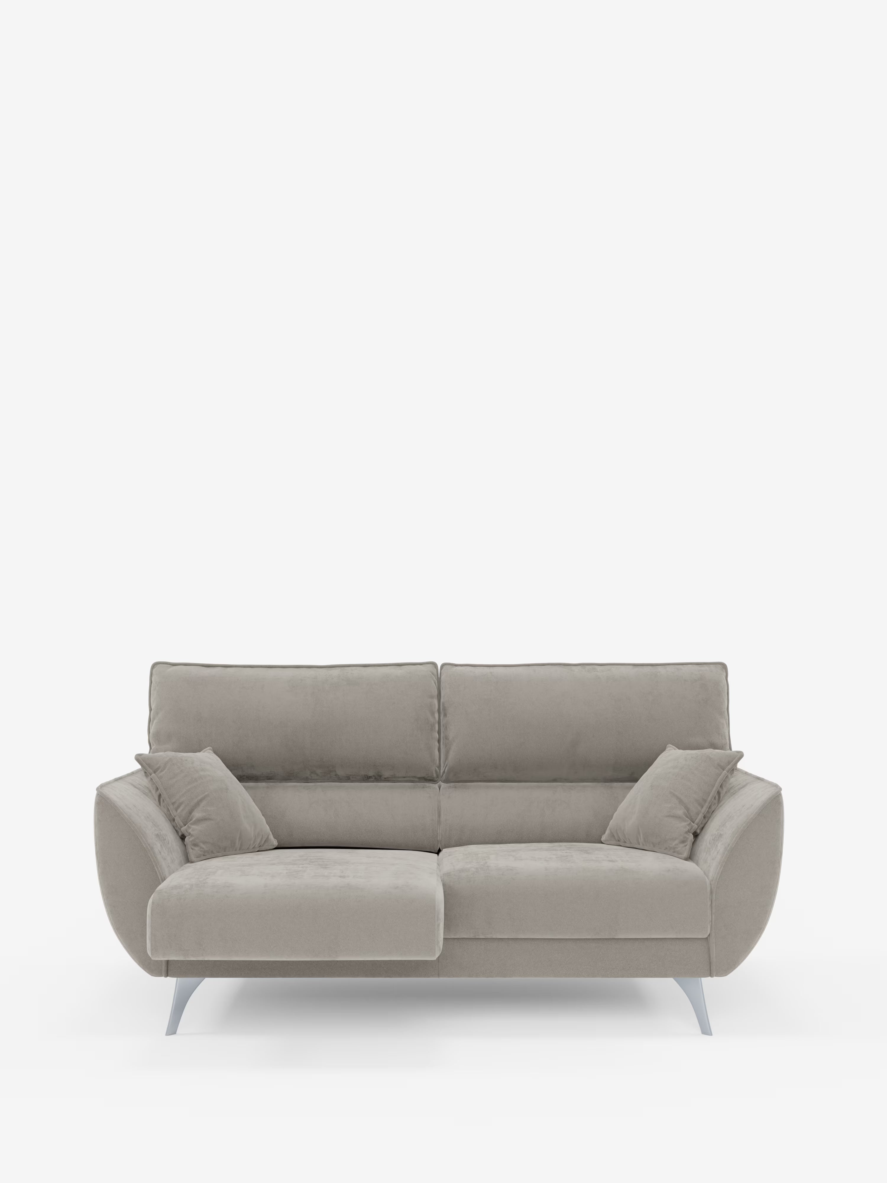 Divano Michelangelo 2 e 3 posti di Divani.Store, in grigio chiaro e dallo stile moderno, caratterizzato da una chaise longue sul lato sinistro, gambe angolari in metallo, due cuscini allungati per seduta e schienale con poggiatesta reclinabili regolabili e due cuscini decorativi abbinati in tessuto T30 facile da pulire. Il suo design contemporaneo è perfetto per gli spazi abitativi moderni; qui è presentato su uno sfondo bianco a tinta unita per un look pulito e minimalista.