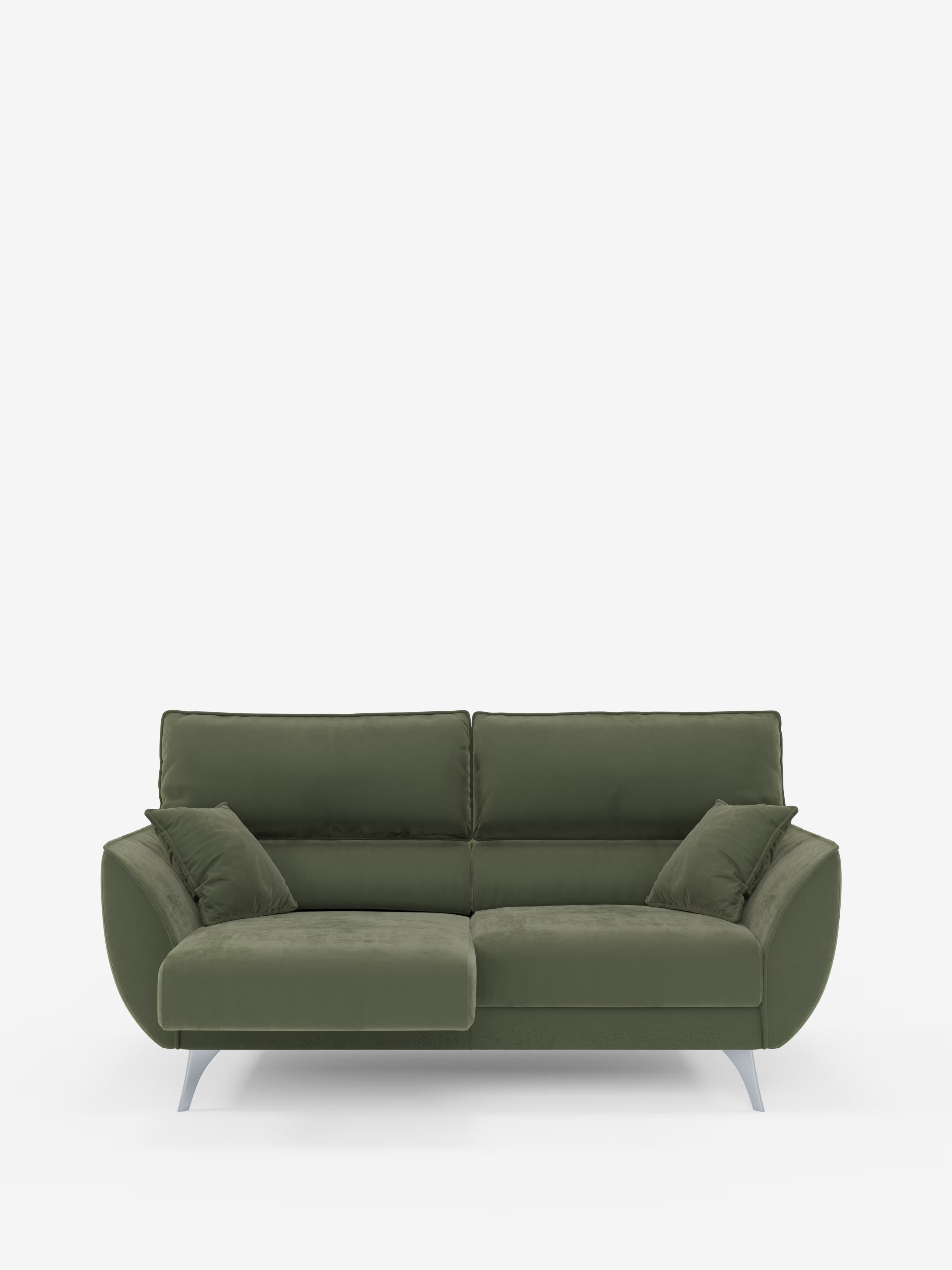 Vi presentiamo il divano Michelangelo a 2 e 3 posti di Divani.Store, un divano contemporaneo in velluto verde oliva caratterizzato da schienali bassi, due cuscini coordinati, ampi braccioli e gambe argentate angolate. Con le sue sedute allungabili e i poggiatesta reclinabili in tessuto T30 facile da pulire, questo divano elegante e moderno risalta su uno sfondo bianco a tinta unita, mettendo in risalto la sua invitante seduta profonda e il design minimalista.