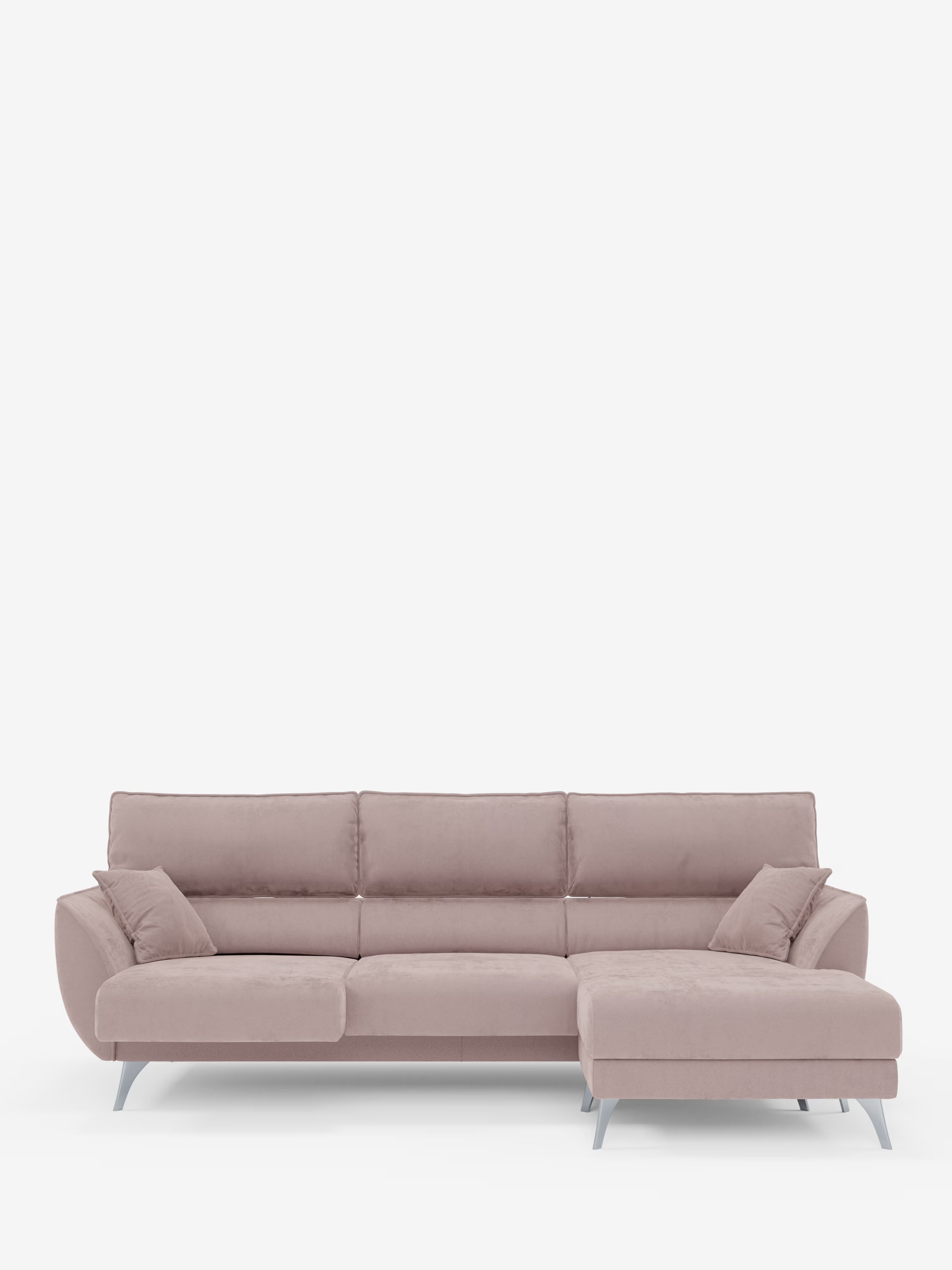 Il divano angolare con penisola e sedute estensibili Michelangelo di Divani.Store è un moderno divano componibile color rosa chiaro, dotato di tre cuscini di seduta, una chaise longue posizionata sulla destra, gambe sottili angolate e due cuscini decorativi abbinati. È dotato di poggiatesta regolabili ed è rivestito in lussuoso tessuto T30 effetto velluto, resistente alle macchie, qui presentato su uno sfondo bianco a tinta unita.