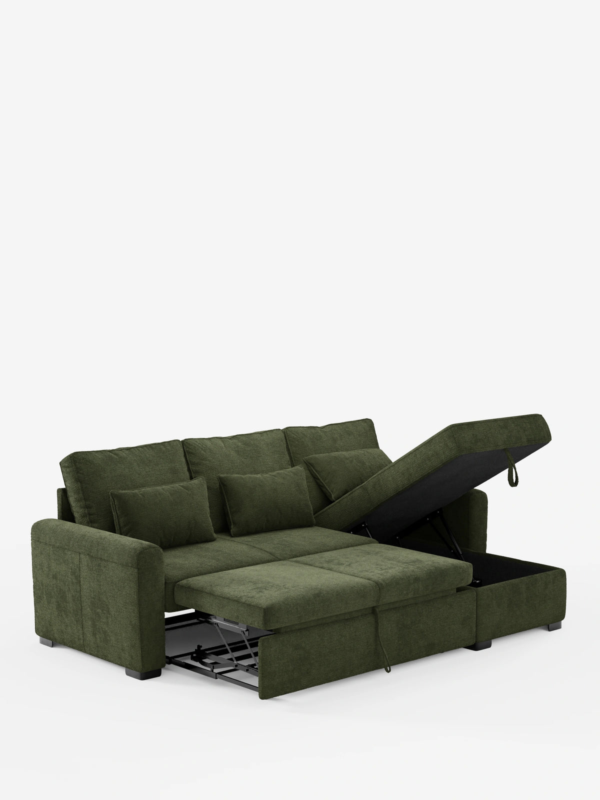 Un divano letto Ottaviano verde oliva scuro con letto estraibile - penisola reversibile e contenitore in tessuto materico smacchiabile, con struttura estraibile e chaise longue con contenitore, caratterizzato da tessuto materico e cuscini decorativi su sfondo bianco.