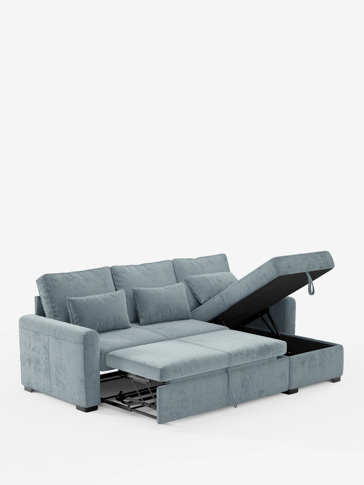 Un divano letto Ottaviano azzurro con letto estraibile - penisola reversibile e contenitore in tessuto materico smacchiabile su sfondo bianco, dotato di vano portaoggetti a vista, letto estraibile, tre cuscini dello schienale e due cuscini decorativi.