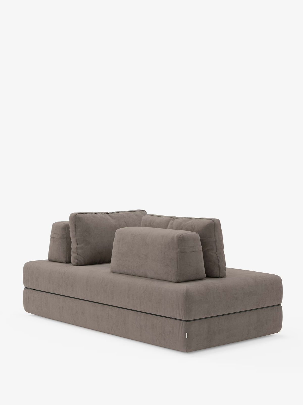 Un divano modulare moderno e dal profilo basso di Divani.Store — il divano letto matrimoniale Rift a 2 e 3 posti con schienali mobili — spicca su uno sfondo bianco. Rivestito in tessuto T31 resistente alle macchie, presenta un’ampia seduta piatta con spessi cuscini rettangolari mobili per lo schienale e un comodo materasso in memory foam alto 24 cm, che richiama il design minimalista del sistema living.