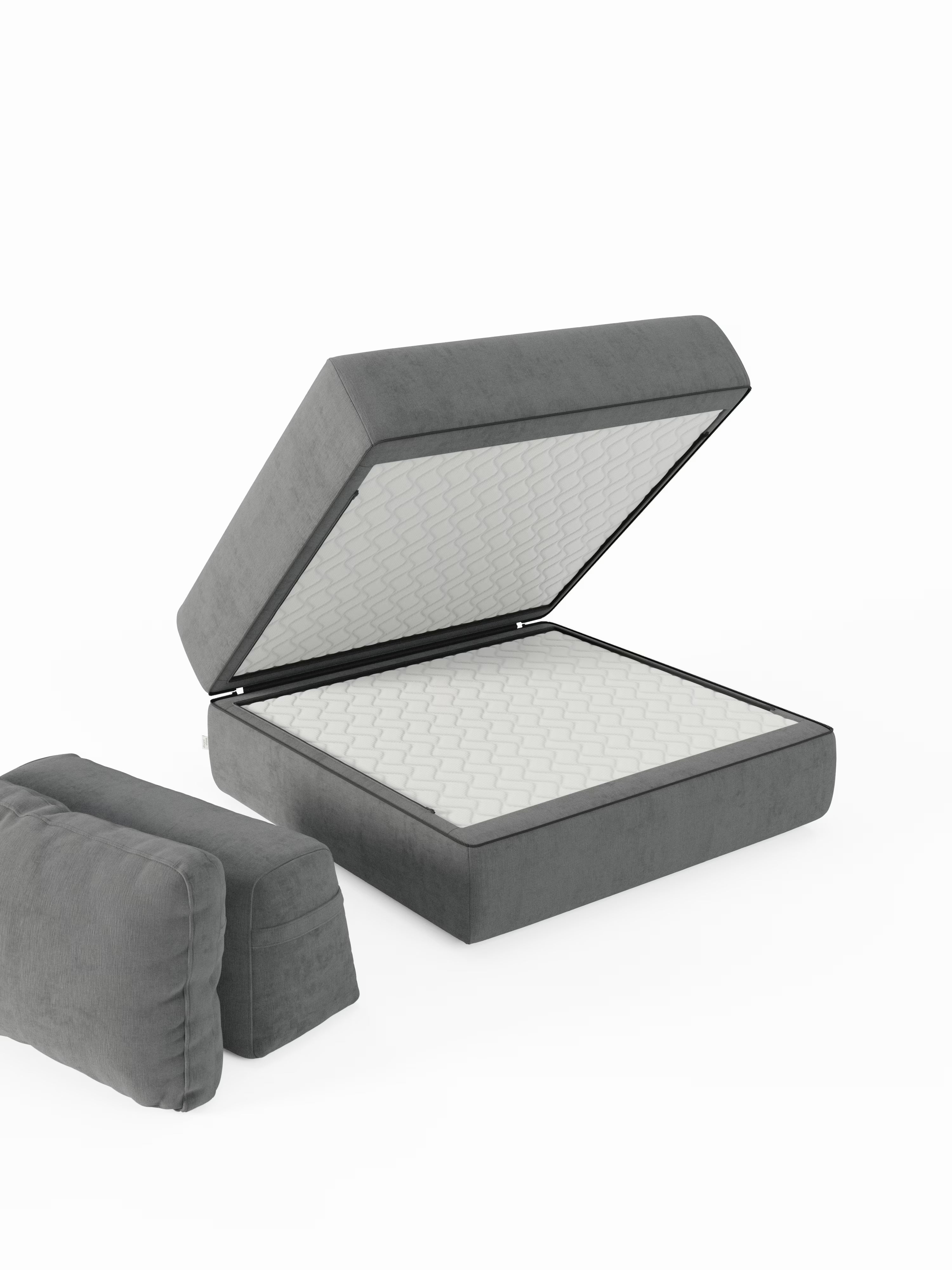 Una poltrona letto Rift grigia di Divani.Store, rivestita in tessuto T31 antimacchia e dotata di schienale mobile, è raffigurata con la seduta aperta, che rivela al suo interno un materasso in memory foam alto 24 cm. Due cuscini coordinati e rimovibili sono posizionati accanto al letto, sottolineandone il design modulare e la morbida consistenza su uno sfondo bianco a tinta unita: una scelta ideale per chi è alla ricerca di soluzioni eleganti come poltrone letto o salvaspazio per interni moderni.