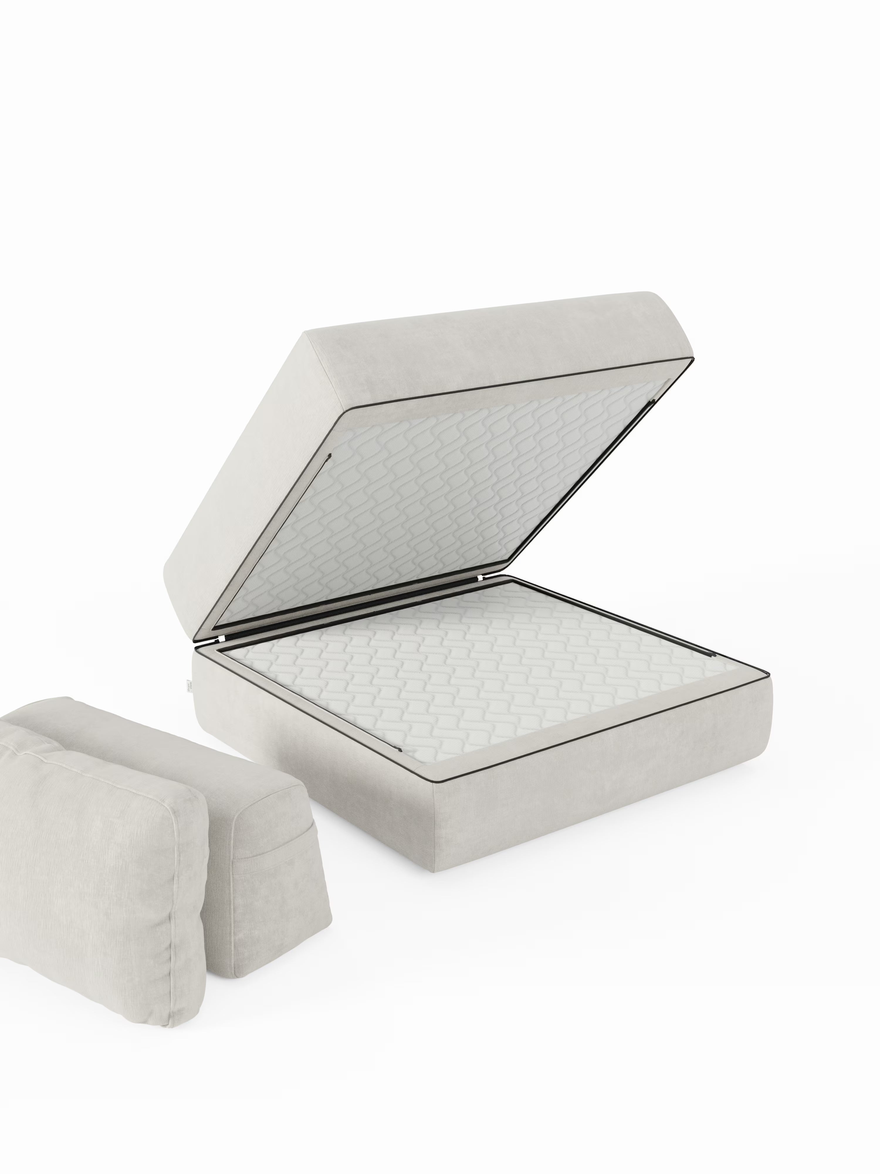 La poltrona letto Rift di Divani.Store è disponibile in grigio chiaro e presenta un materasso in memory foam alto 22 cm. La parte superiore del materasso è sollevata per rivelare un ampio vano contenitore interno, ideale per chi è alla ricerca di soluzioni versatili per il riposo. Accanto, un cuscino imbottito coordinato per la testiera, realizzato nello stesso tessuto T31 facile da pulire, spicca su uno sfondo bianco.