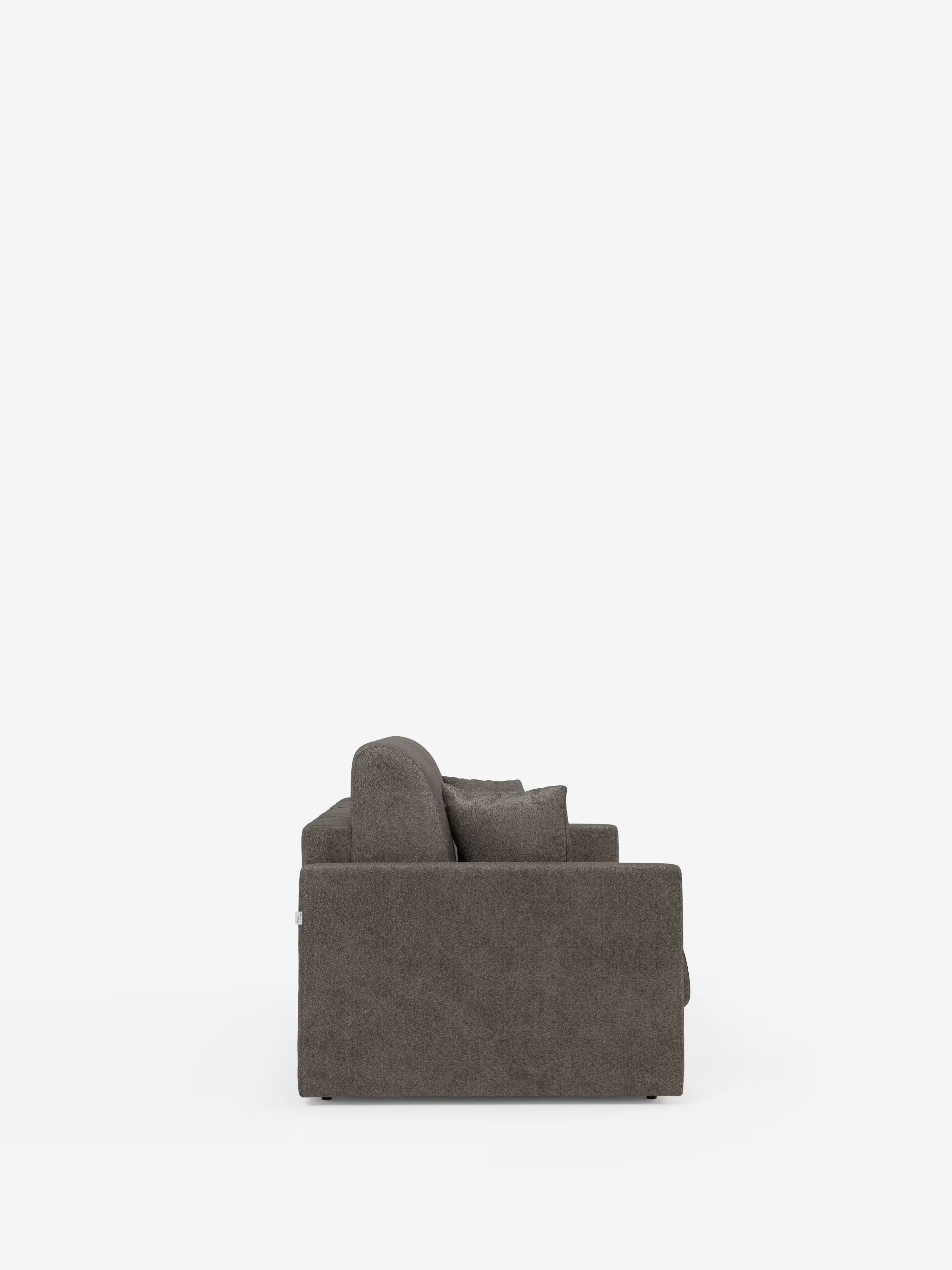 Vista laterale del divano letto Tommy a 2 e 3 posti matrimoniale di Divani.Store in grigio scuro, rivestito con un tessuto T33 simile al cotone, sfoderabile e resistente alle macchie. Caratterizzato da braccioli dritti e da uno schienale con cuscino a vista, questo divano letto compatto presenta piccole gambe nascoste e si staglia su uno sfondo bianco a tinta unita, che ne esalta il design minimalista, pulito e contemporaneo. Non sono presenti altri oggetti.