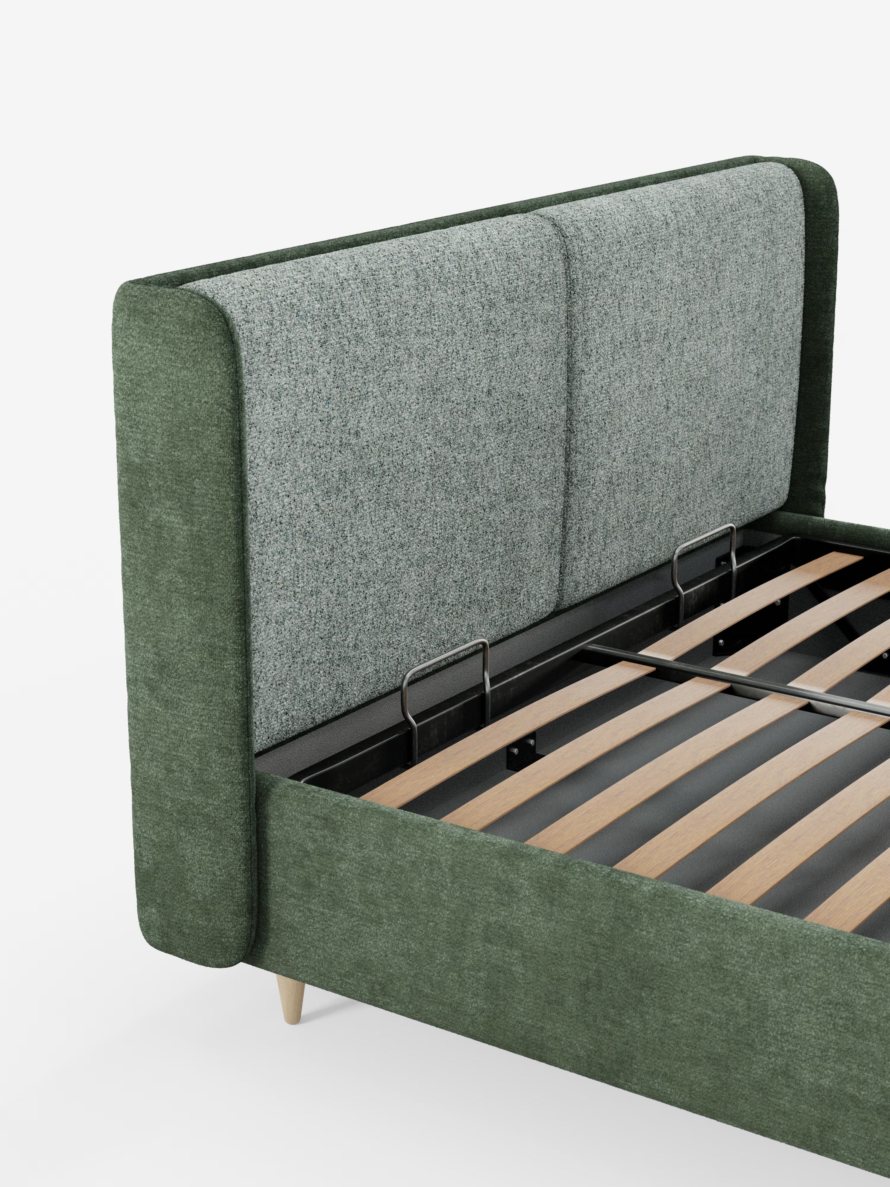 Ecco una frase rielaborata utilizzando i dati del prodotto forniti: Il letto imbottito bicolore con vano contenitore VALKIRIA di Letti.store presenta un design moderno e minimalista, caratterizzato da un’alta testiera imbottita dalla linea curva e avvolgente e da due pannelli grigi con finitura testurizzata. Questo elegante telaio del letto presenta doghe in legno a vista con robusti supporti in metallo ed è completato da gambe affusolate in legno chiaro. Lo sfondo è bianco liscio.