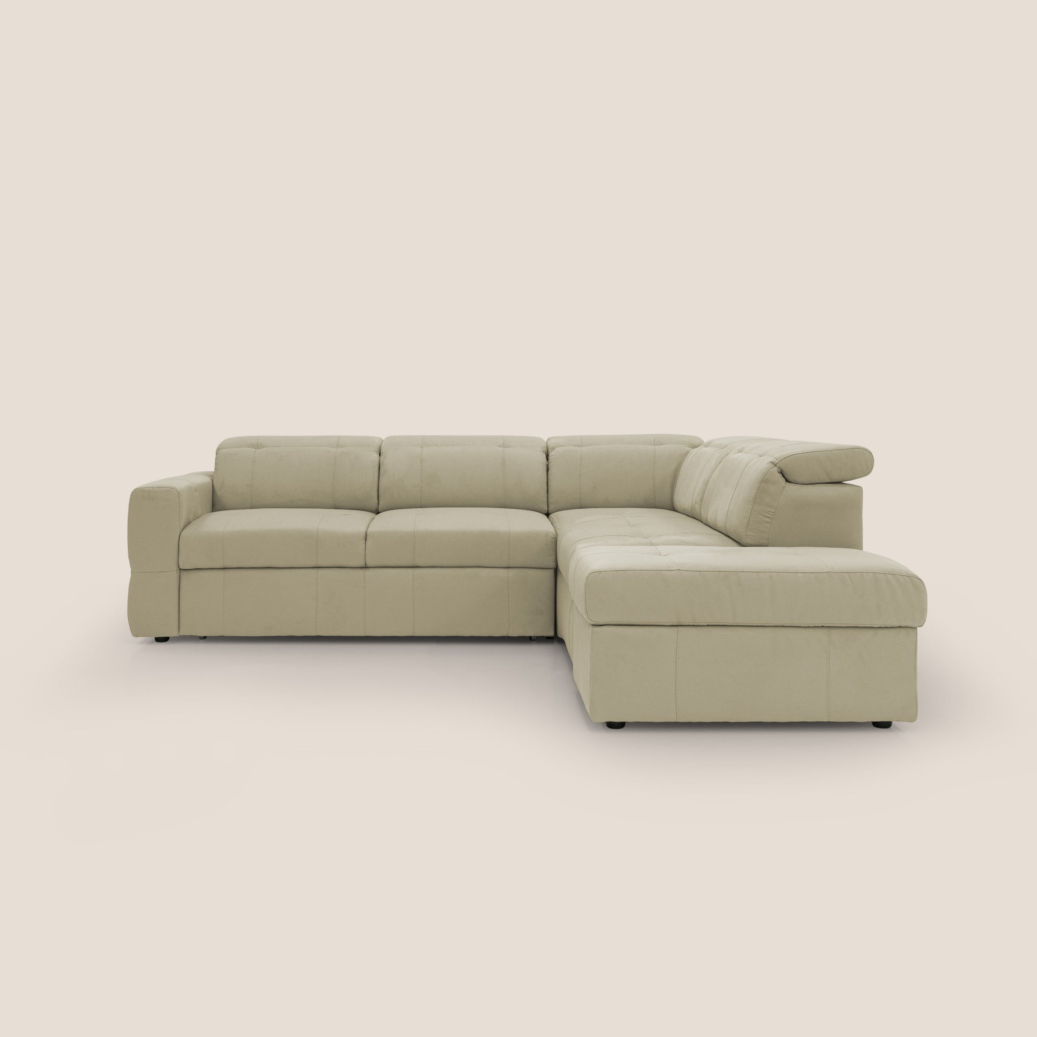 Kronos Ecksofa mit ausziehbarer Ottomane und mobilem Hocker mit Staufach aus wasserfester Mikrofaser T11