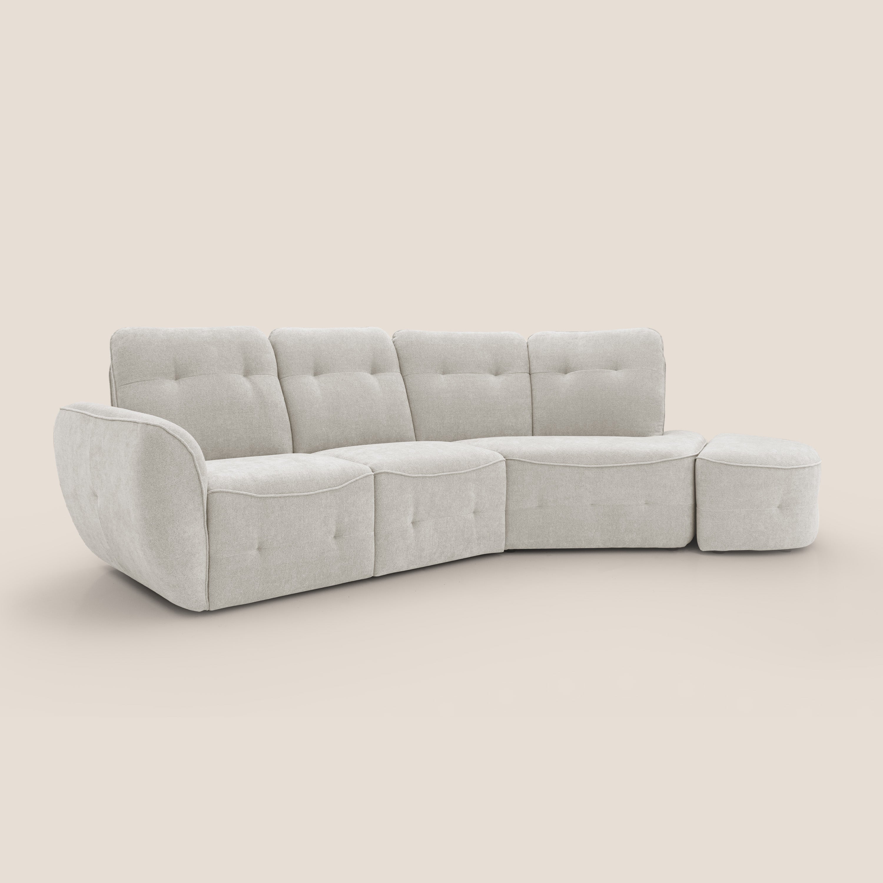 Cerbero divano angolare con pouf mobile in morbido bouclé impermeabile T07 bianco - divani.store