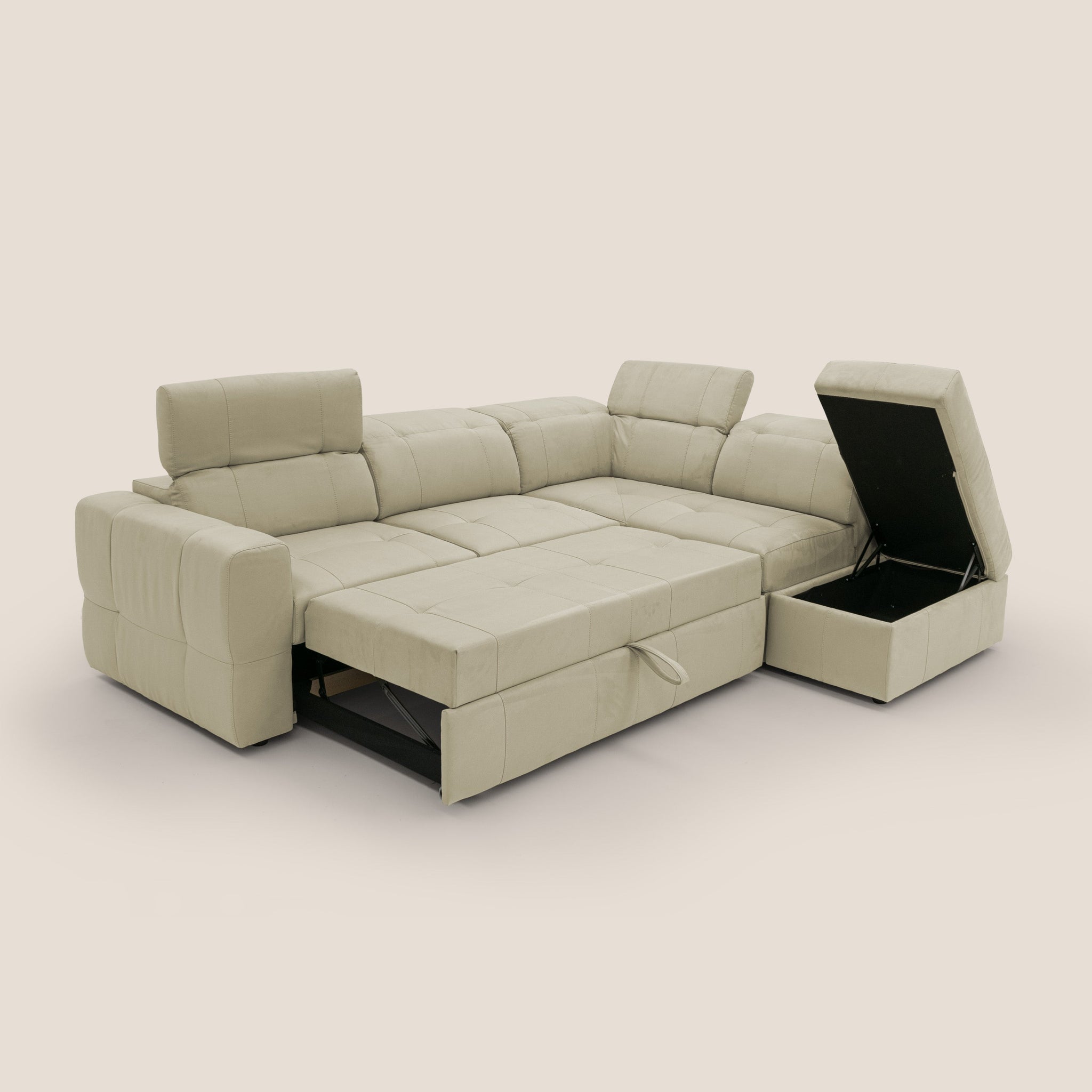 Kronos Ecksofa mit ausziehbarer Ottomane und mobilem Hocker mit Staufach aus wasserfester Mikrofaser T11