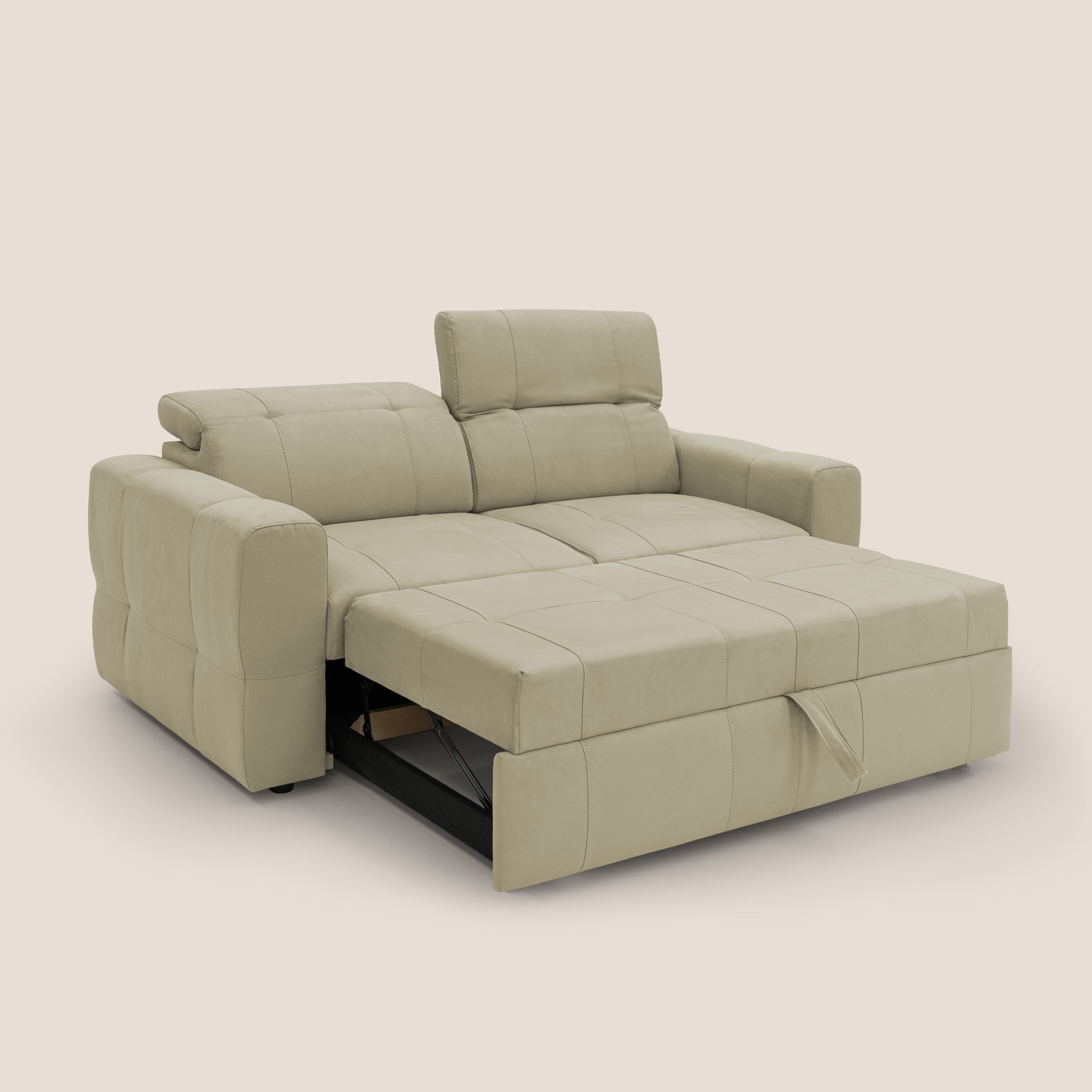 Kronos Divano con pouf estraibile poggiapiedi e poggiatesta reclinabili in morbida microfibra impermeabile T11 beige - divani.store