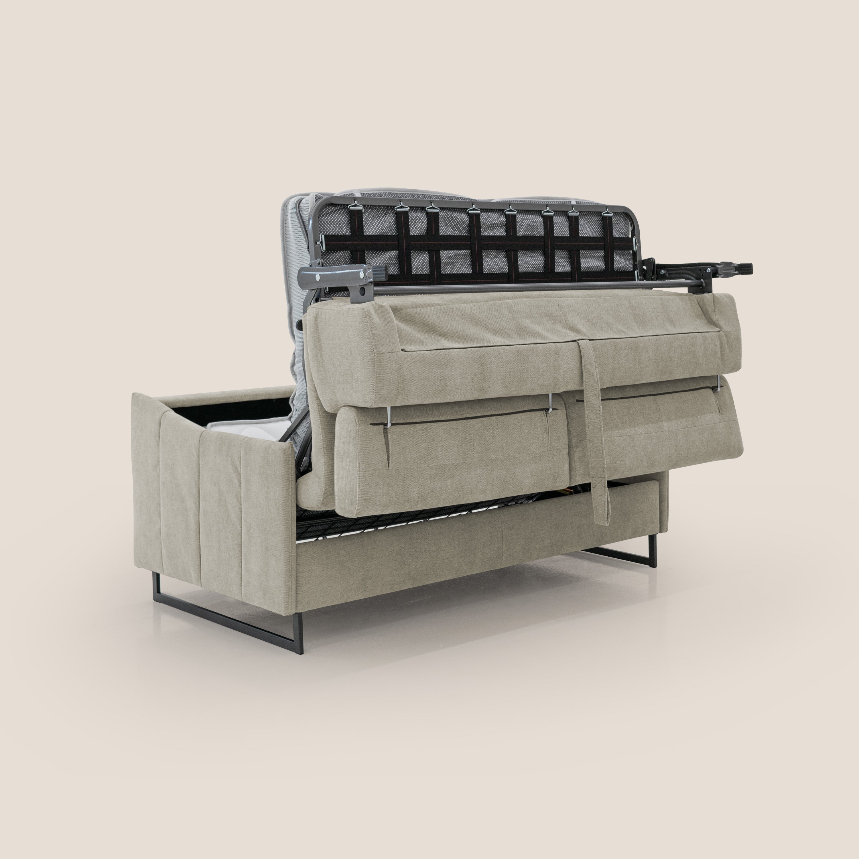 Loto divano letto salvaspazio materasso H18 cm con piedi alti in morbido tessuto impermeabile T14 tortora - divani.store