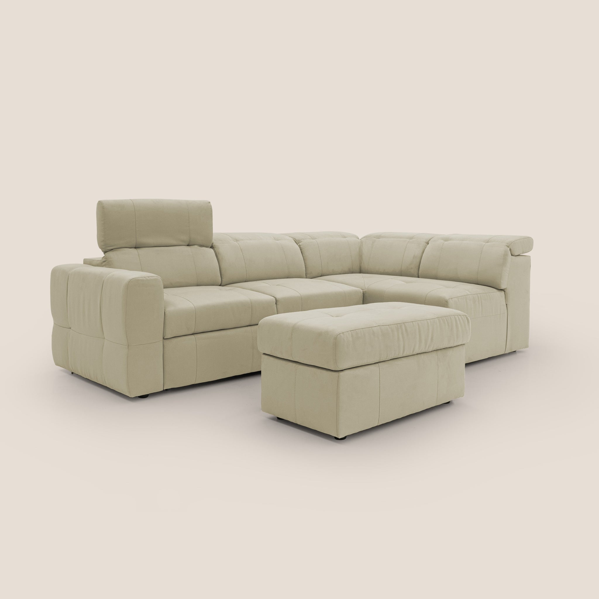 Kronos Ecksofa mit ausziehbarer Ottomane und mobilem Hocker mit Staufach aus wasserfester Mikrofaser T11