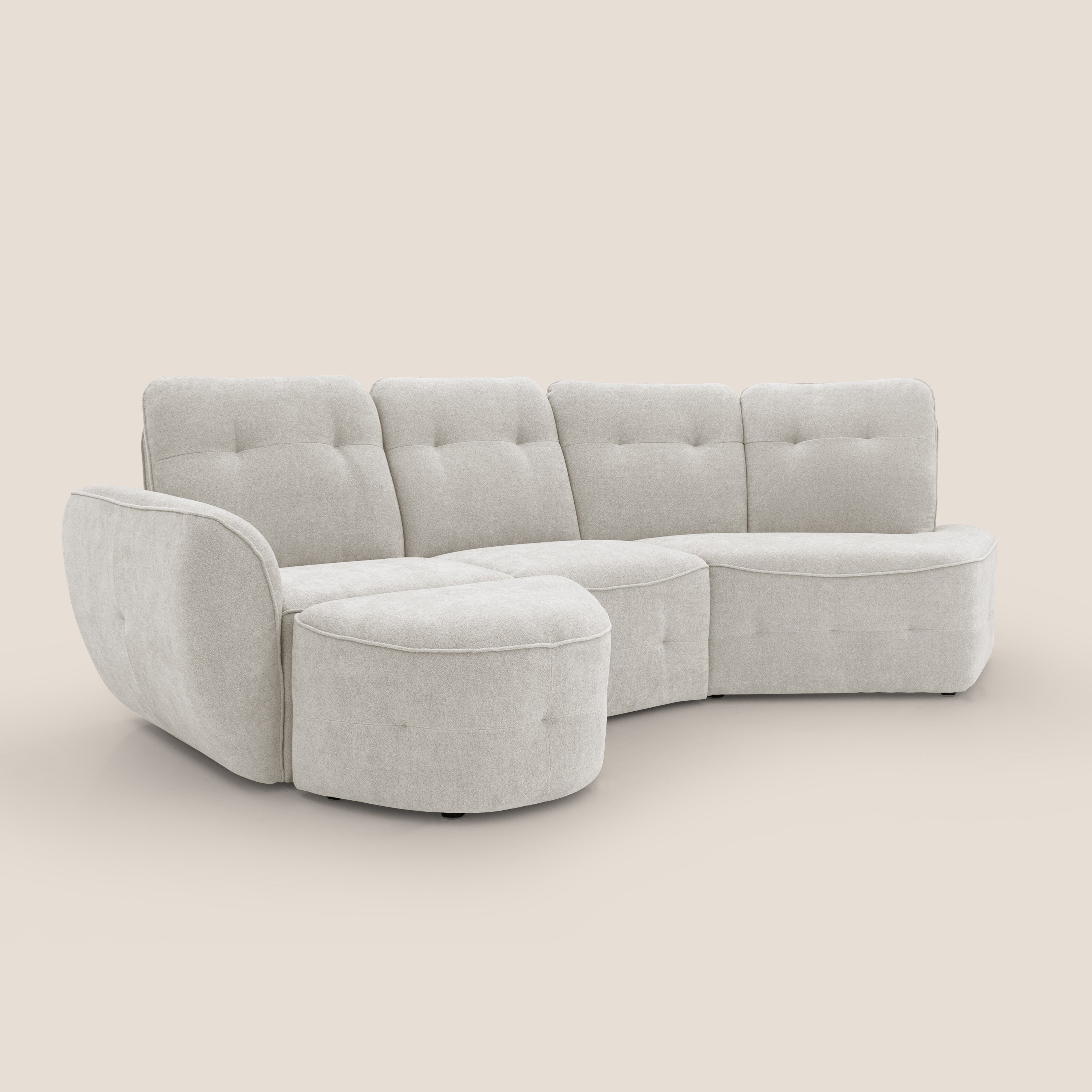 Cerbero divano angolare con pouf mobile in morbido bouclé impermeabile T07 bianco - divani.store