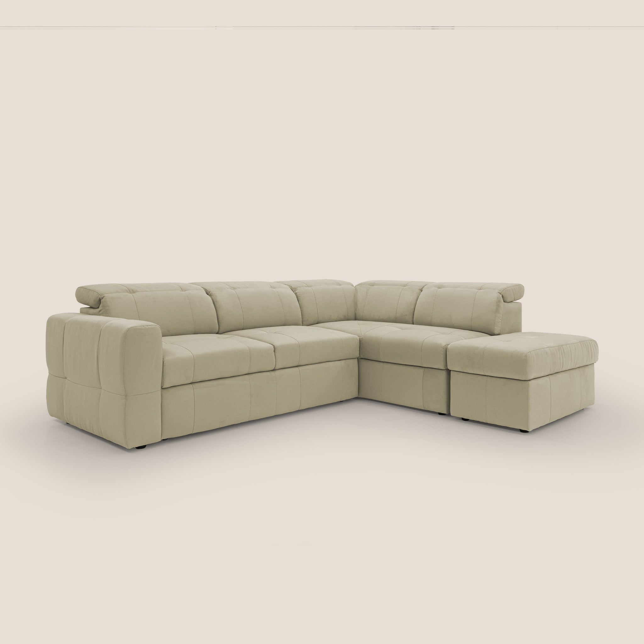 Kronos Ecksofa mit ausziehbarer Ottomane und mobilem Hocker mit Staufach aus wasserfester Mikrofaser T11