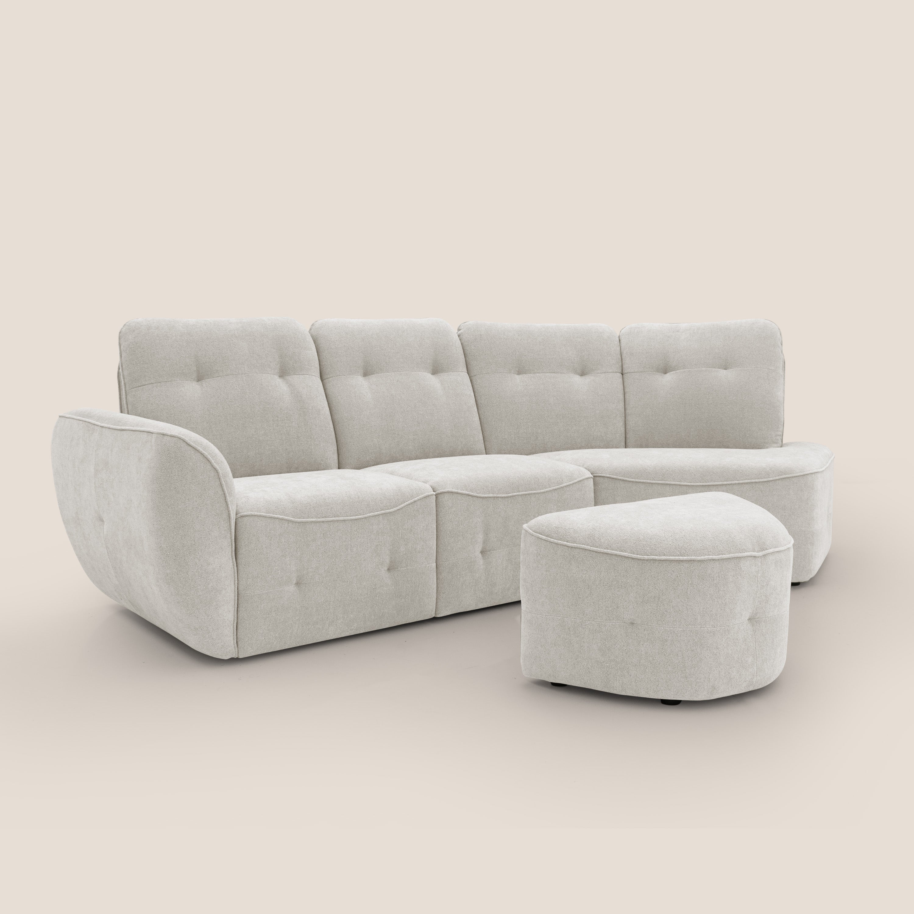 Cerbero divano angolare con pouf mobile in morbido bouclé impermeabile T07 bianco - divani.store