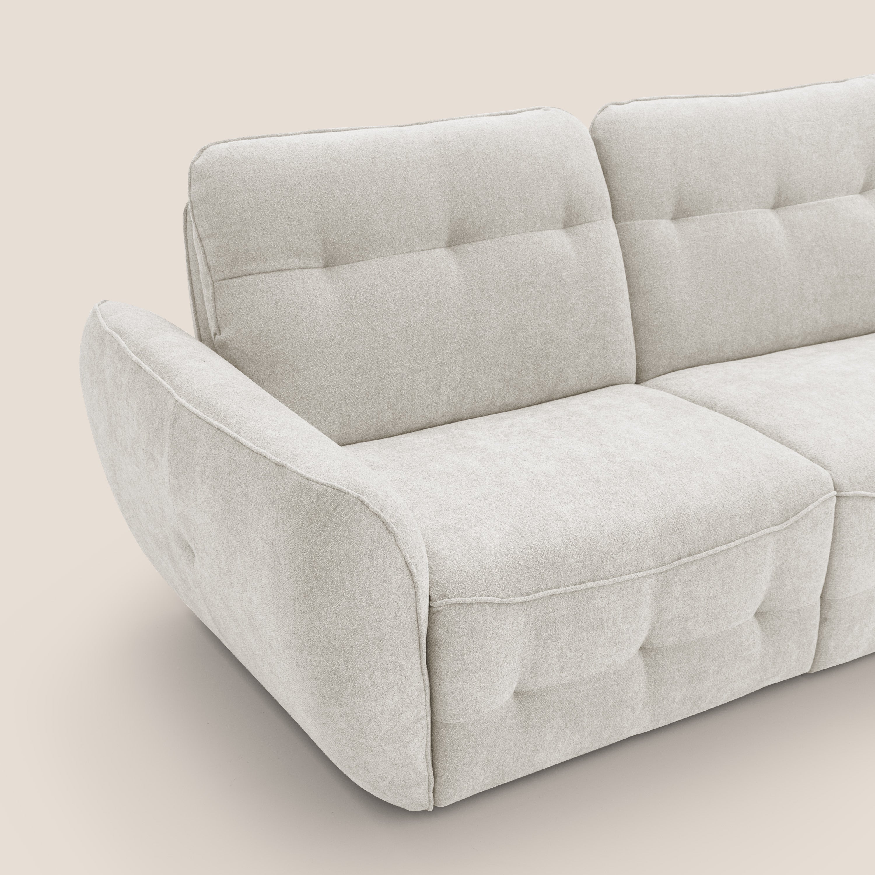 Cerbero divano angolare con pouf mobile in morbido bouclé impermeabile T07 bianco - divani.store