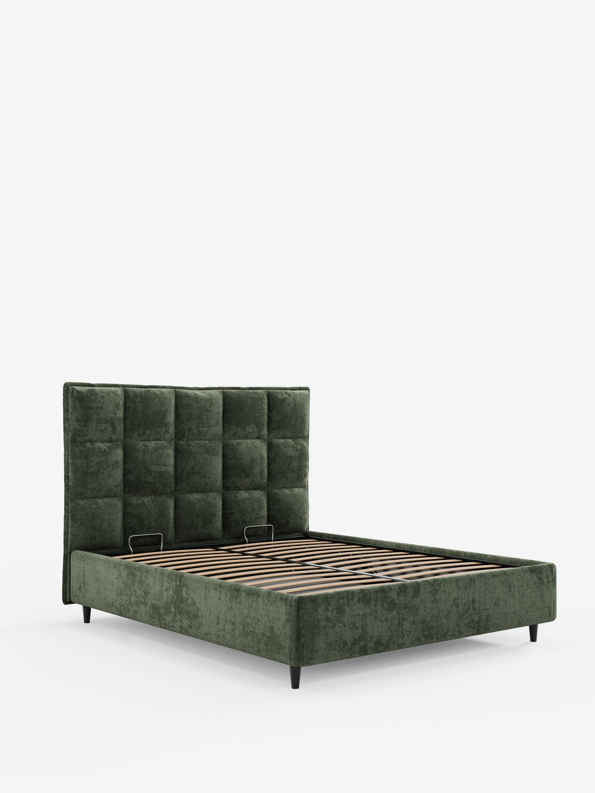 Il letto imbottito AURO con contenitore e testiera capitonné alta in ciniglia Oeko-Tex® di Letti.Si tratta di un letto imbottito con contenitore dal design moderno e dal profilo basso, rivestito in ciniglia verde scuro, con una testiera capitonné a quadri extra-alta e robuste doghe in legno per il sostegno del materasso, raffigurato su uno sfondo bianco a tinta unita.