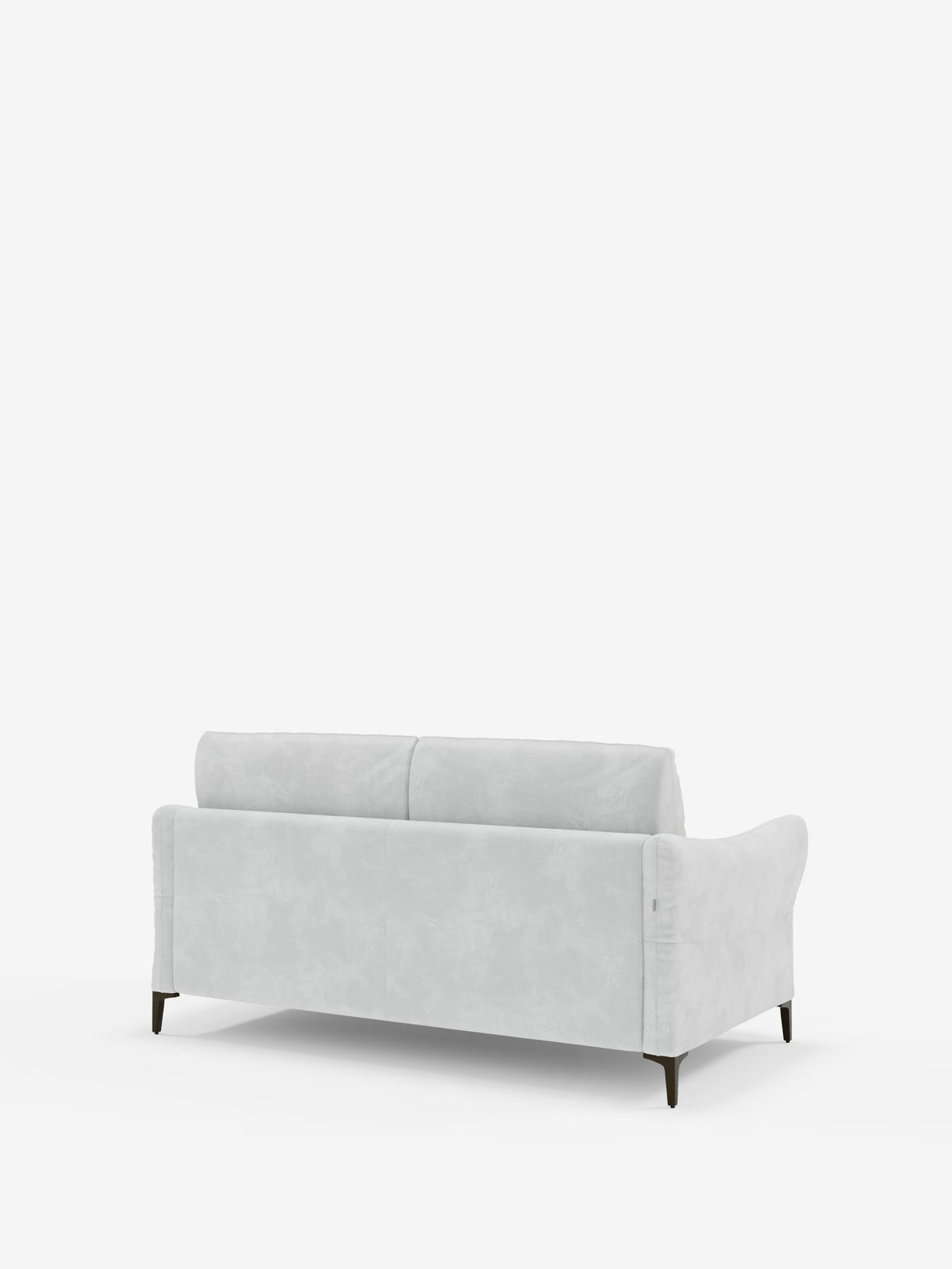 Un divano letto Dalia di colore grigio chiaro di Divani.Store, disponibile nelle versioni a 2, 3 e 4 posti con materasso H18 e rivestimento in velluto moderno T30 antimacchia, visto da dietro; presenta braccioli arrotondati e gambe in legno scuro su uno sfondo bianco a tinta unita.