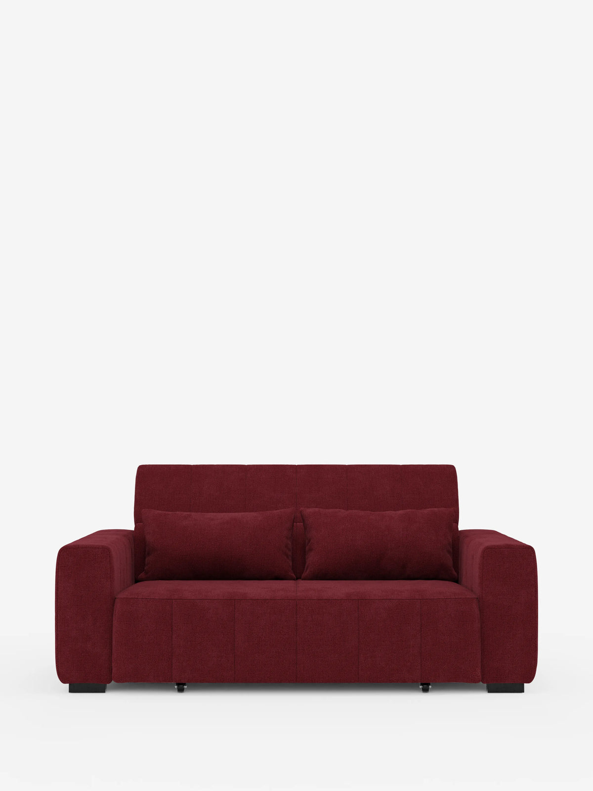 Un divano a tre posti in stile dorico contemporaneo color bordeaux di Divani.Store, caratterizzato da ampi braccioli, due cuscini dello schienale abbinati e un’estetica minimalista, con sedute estensibili grazie alla funzione di relax elettrica e poggiatesta regolabili in tessuto T23 antimacchia, il tutto su uno sfondo bianco a tinta unita.