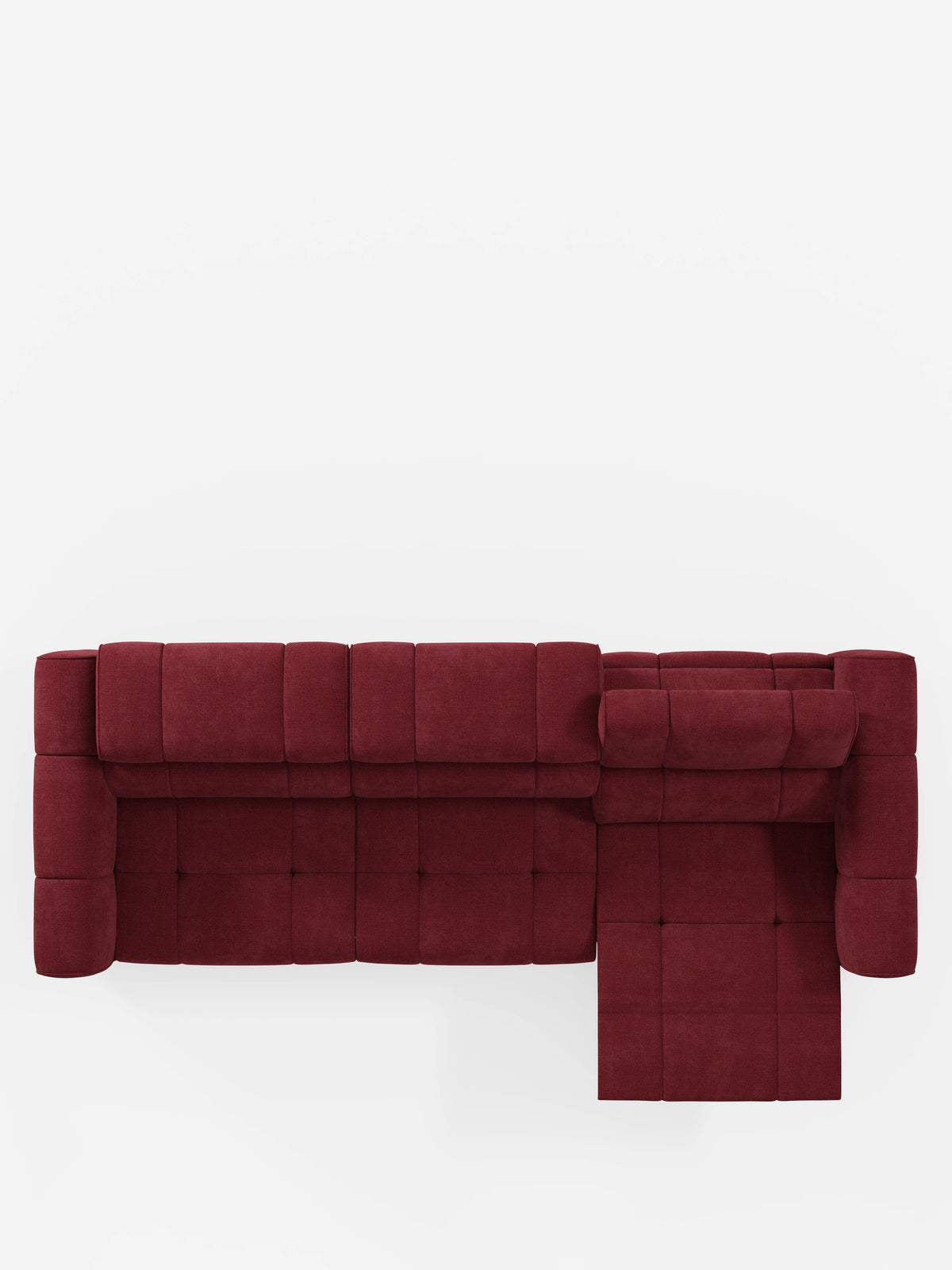 Vista dall'alto di un divano modulare Giotto a 4 posti di colore rosso scuro, con poggiatesta reclinabili e funzione relax elettrica opzionale, rivestito in tessuto smacchiabile T23 su sfondo bianco, caratterizzato da poggiatesta rialzati, poggiapiedi estensibile e seduta trapuntata.