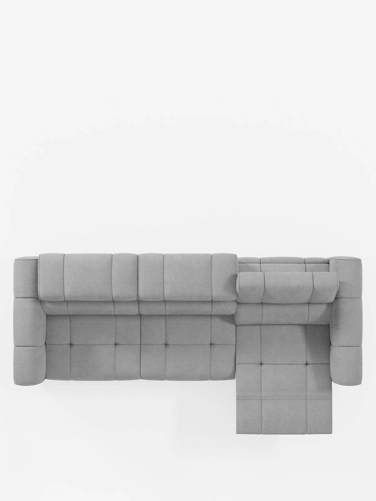 Un divano modulare Giotto grigio chiaro a 4 posti con poggiatesta reclinabili e funzione relax elettrica opzionale, rivestito in tessuto smacchiabile T23: vista dall'alto del divano componibile, con chaise longue e poggiatesta ripiegato su sfondo bianco.