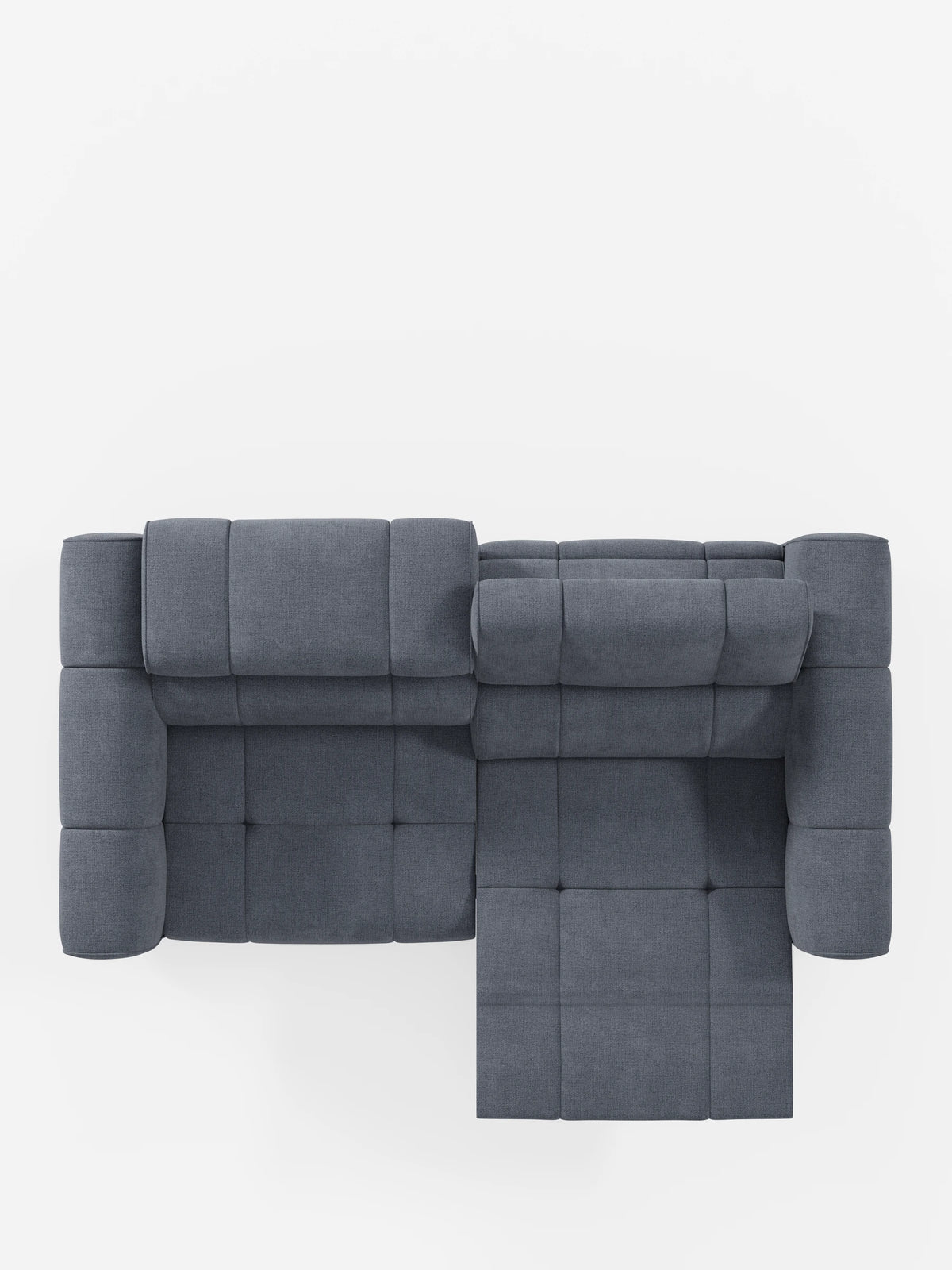 Vista dall'alto di un divano modulare Giotto a 3 posti color grigio antracite, con poggiatesta reclinabili e funzione relax elettrica opzionale, rivestito in tessuto smacchiabile T23, caratterizzato da cuscini trapuntati, poggiatesta regolabili e una sezione estensibile che funge da chaise longue.