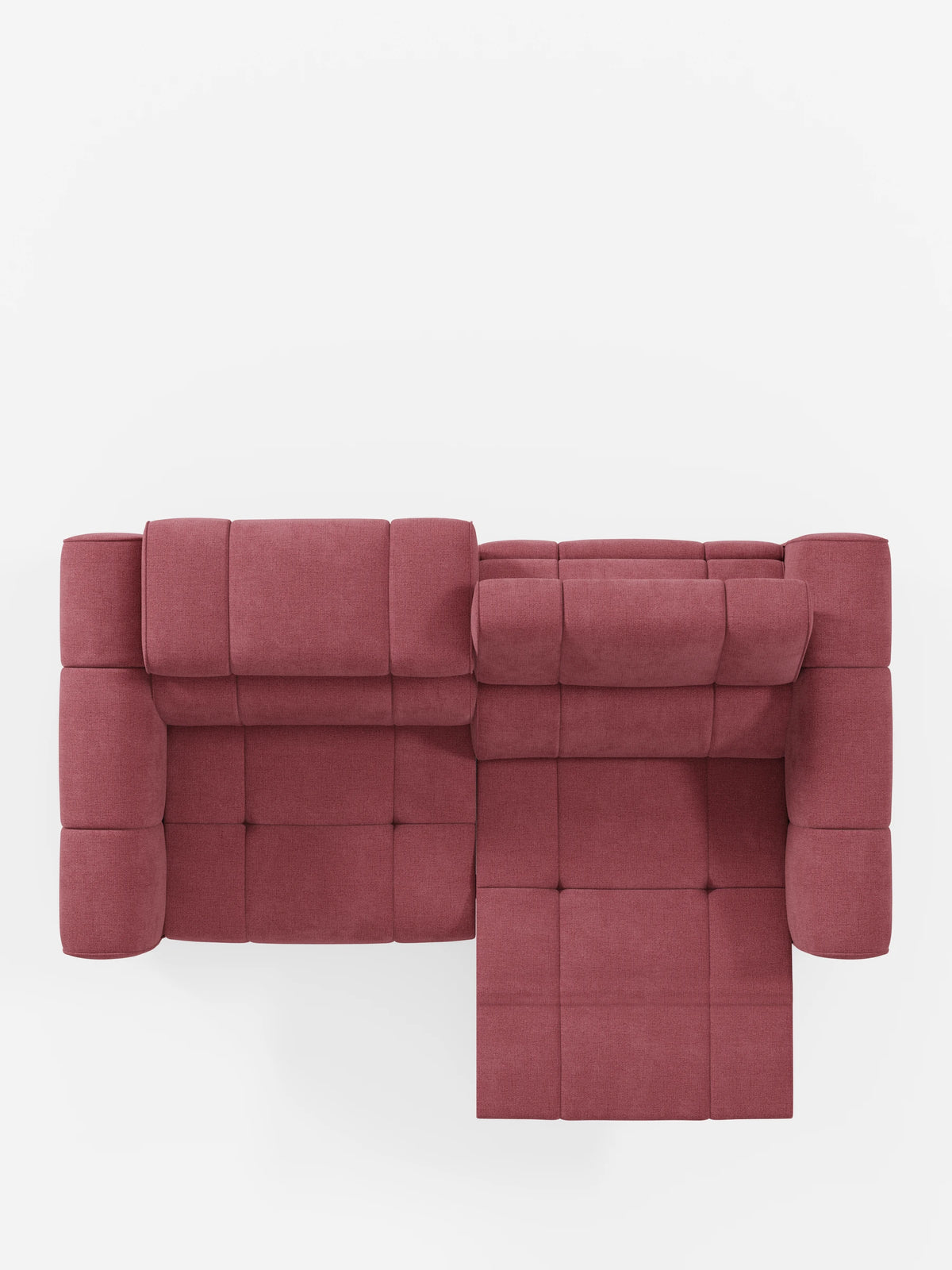 Vista dall'alto di un divano modulare Giotto a 3 posti color rosa polveroso, con poggiatesta reclinabili e funzione relax elettrica opzionale, rivestito in tessuto smacchiabile T23. La sezione sinistra è dotata di un poggiatesta regolabile, quella destra di un poggiapiedi esteso; entrambe le sezioni sono trapuntate.