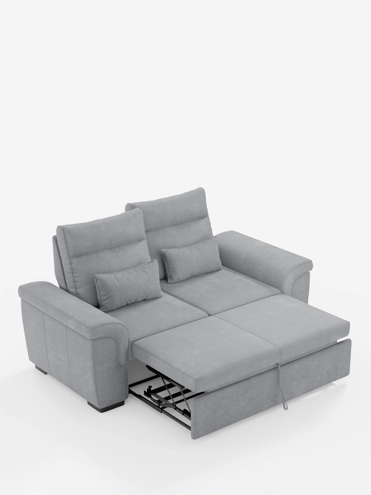 Un divano a 3 posti Ischia di colore grigio chiaro con pouf estraibile e schienali scorrevoli in tessuto misto lino lavabile, dotato di schienale regolabile, pouf estraibile, due cuscini decorativi e uno sfondo bianco a tinta unita.