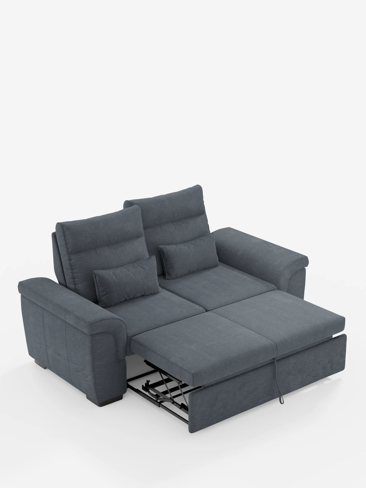 Un divano Ischia a 3 posti color grigio antracite con pouf estraibile e schienali scorrevoli, rivestito in tessuto misto lino antimacchia, ripreso da un’angolazione dall’alto su uno sfondo bianco, dotato di una prolunga estraibile e di due cuscini rettangolari coordinati.