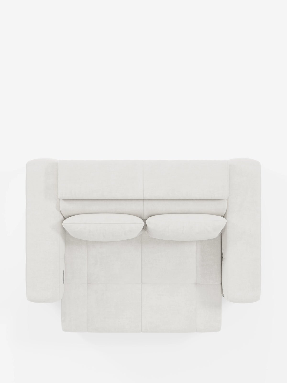 Una vista dall'alto del divano Monarch con funzione relax elettrica per l'allungamento delle sedute e poggiatesta reclinabile di Divani.Store, caratterizzato da un design moderno in grigio chiaro, realizzato in morbido tessuto T31 resistente alle macchie, con due cuscini di seduta rettangolari e ampi braccioli cilindrici, su sfondo bianco.