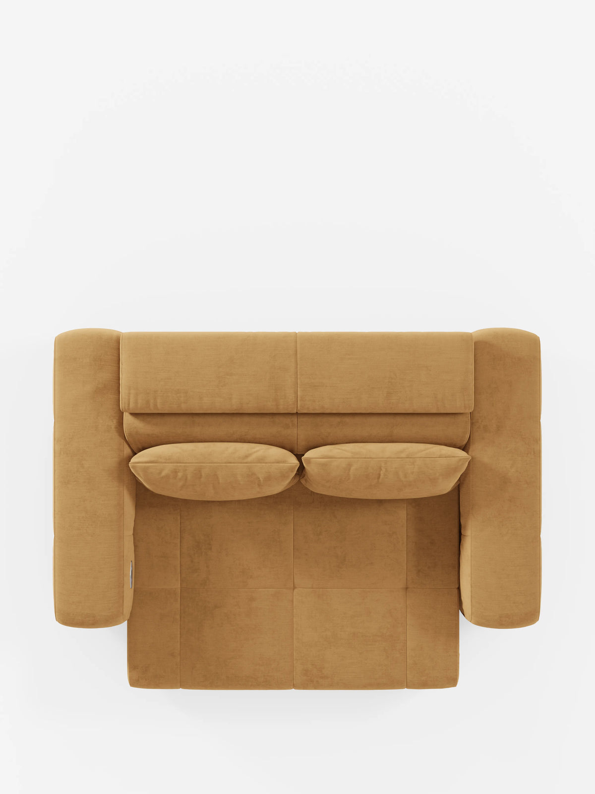 Vista dall'alto del divano Monarch Divano con Relax Elettrico di Divani.Store, un divano contemporaneo rettangolare color giallo senape con due cuscini coordinati disposti fianco a fianco, rivestito in morbido tessuto T31 resistente alle macchie. Il divano presenta ampi braccioli imbottiti e sedute a sezioni con sedili estensibili elettricamente e poggiatesta reclinabile, in primo piano su uno sfondo bianco a tinta unita.