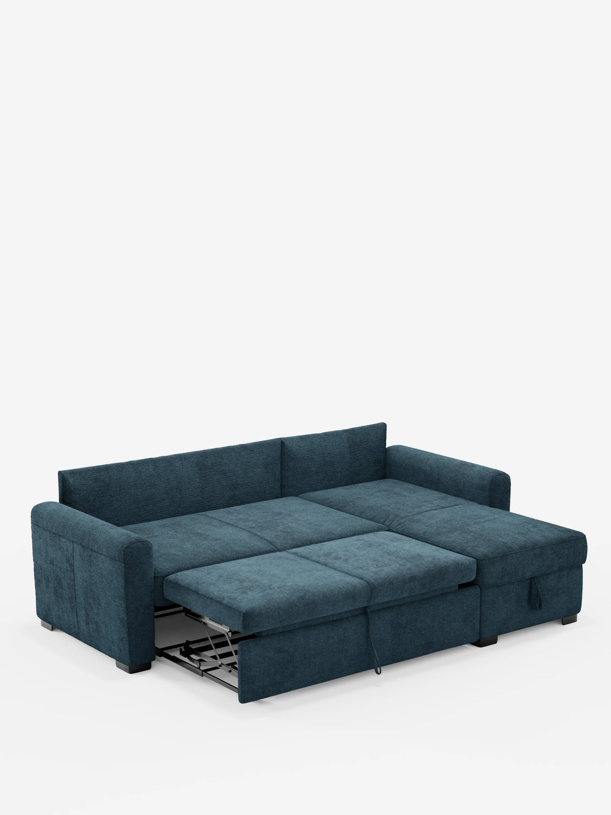 Un divano letto Ottaviano blu scuro con letto estraibile, penisola reversibile e contenitore in tessuto materico smacchiabile, con cuscini spessi e una chaise longue con vano portaoggetti nascosto, su sfondo bianco.