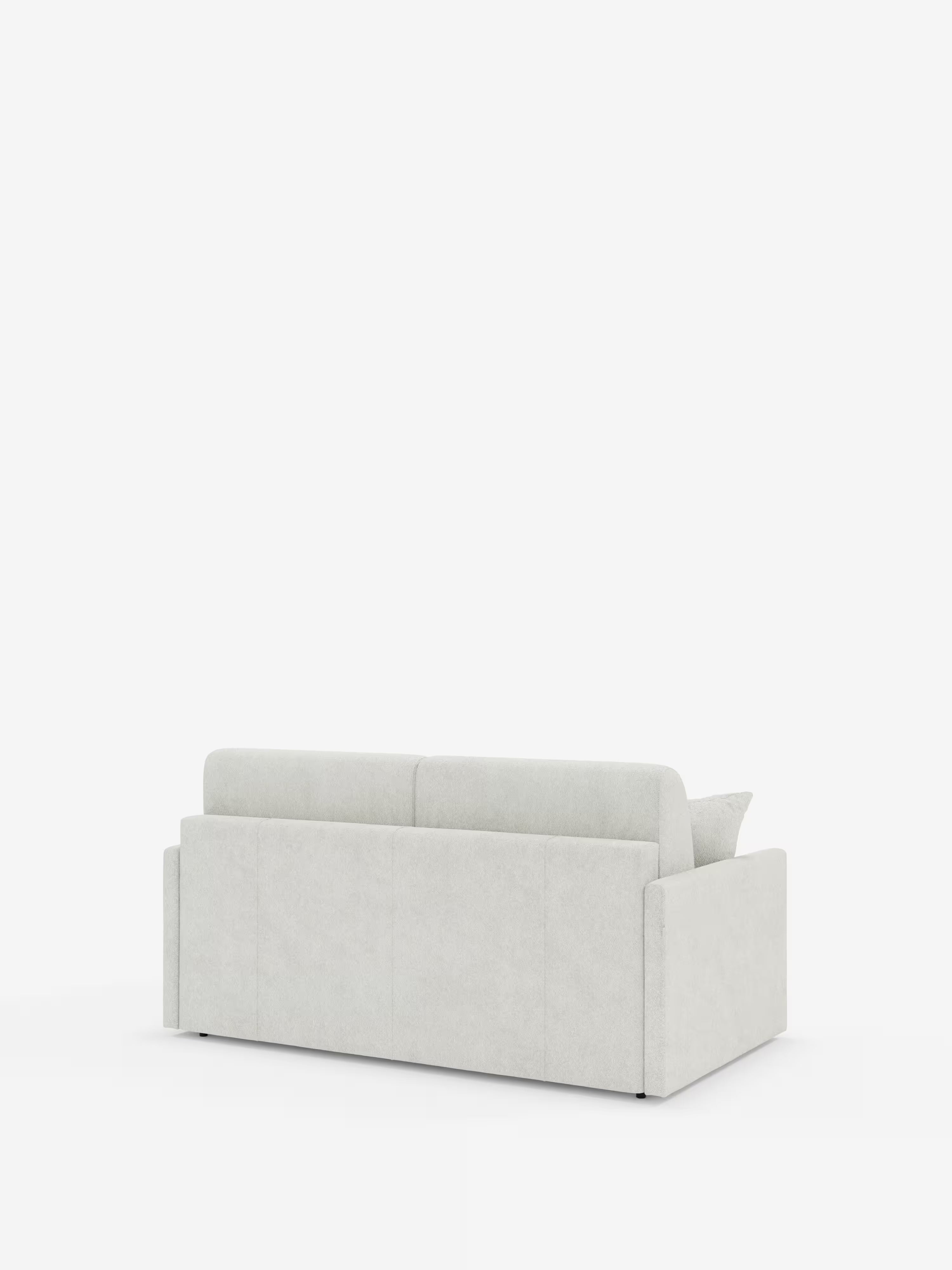 Un divano letto Tommy Divano a 2 e 3 posti matrimoniale, di colore grigio chiaro e di forma rettangolare, disponibile su Divani.Store, è ripreso di retro su uno sfondo bianco a tinta unita. Rivestito in tessuto T33 simile al cotone e facile da pulire, questo divano moderno e minimalista presenta linee pulite, due cuscini dello schienale, braccioli sottili e dritti e un unico cuscino visibile sul lato destro. Il rivestimento è interamente sfoderabile per una maggiore praticità.