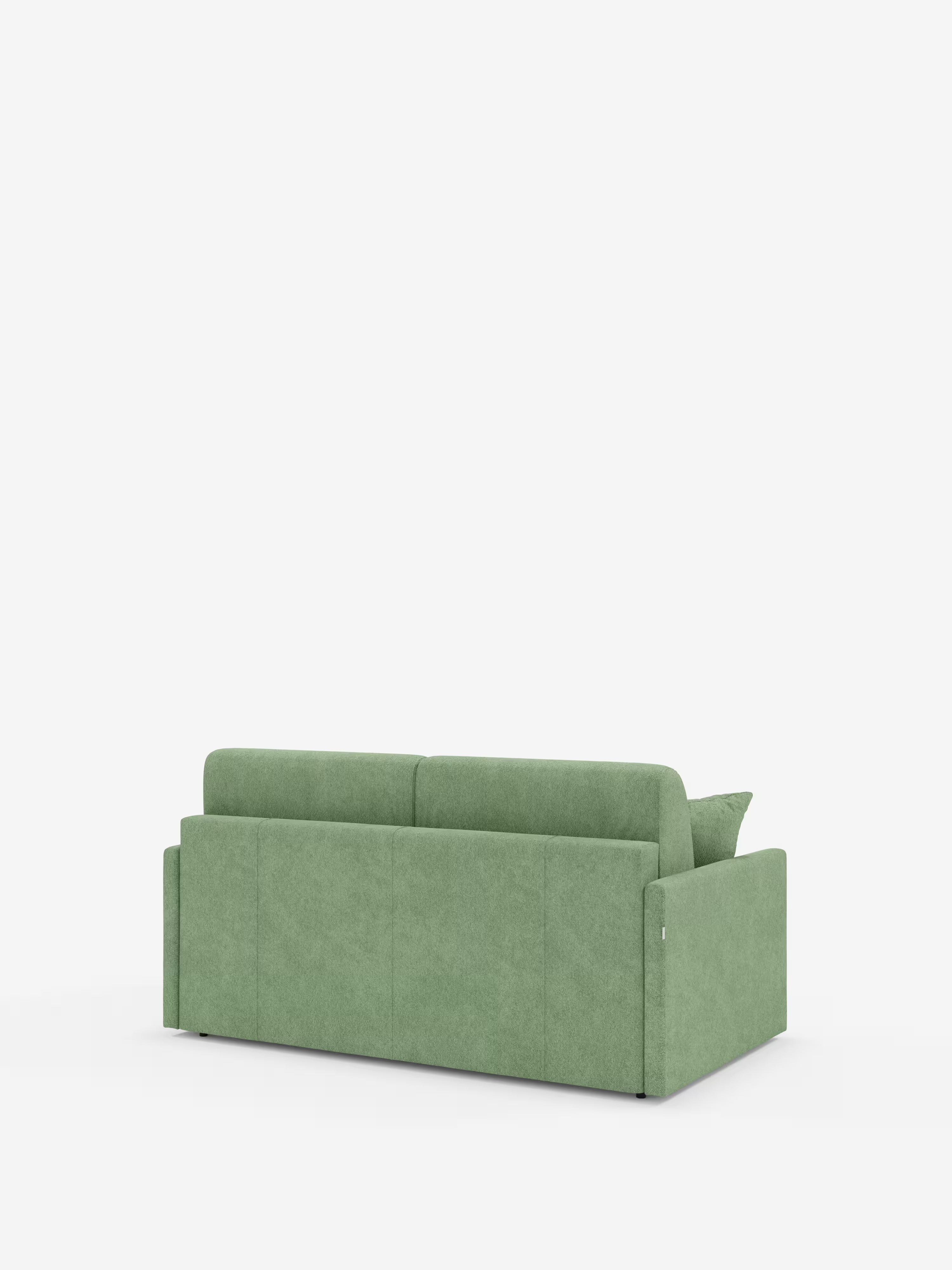 Un divano letto Tommy Divano a 2 e 3 posti matrimoniale di Divani.Store, in una moderna tonalità di verde chiaro, è raffigurato di retro, con linee pulite, braccioli squadrati e un design minimalista. Questo divano salvaspazio presenta tre schienali ed è sostenuto da gambe sottili e quasi invisibili, su uno sfondo bianco a tinta unita. Rivestito in tessuto T33 simile al cotone, resistente alle macchie e sfoderabile al 100%.