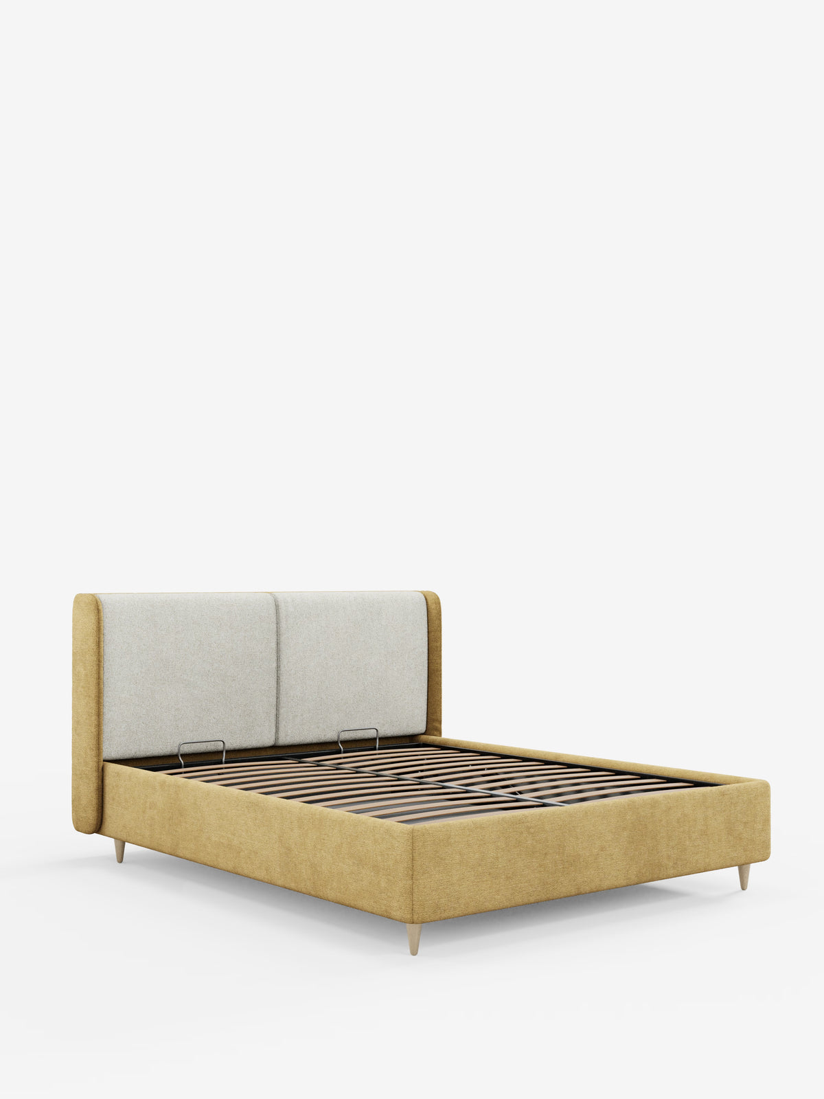 Vi presentiamo il letto imbottito bicolore VALKIRIA con contenitore di Letti.store: una struttura letto moderna caratterizzata da una base e da gambe imbottite in giallo senape, completata da una testiera curva e imbottita in grigio chiaro con cuscini di schienale abbinati. Questo elegante letto bicolore moderno è dotato di doghe in legno (materasso non incluso) ed è raffigurato in un ambiente minimalista con sfondo bianco e senza altri oggetti visibili.