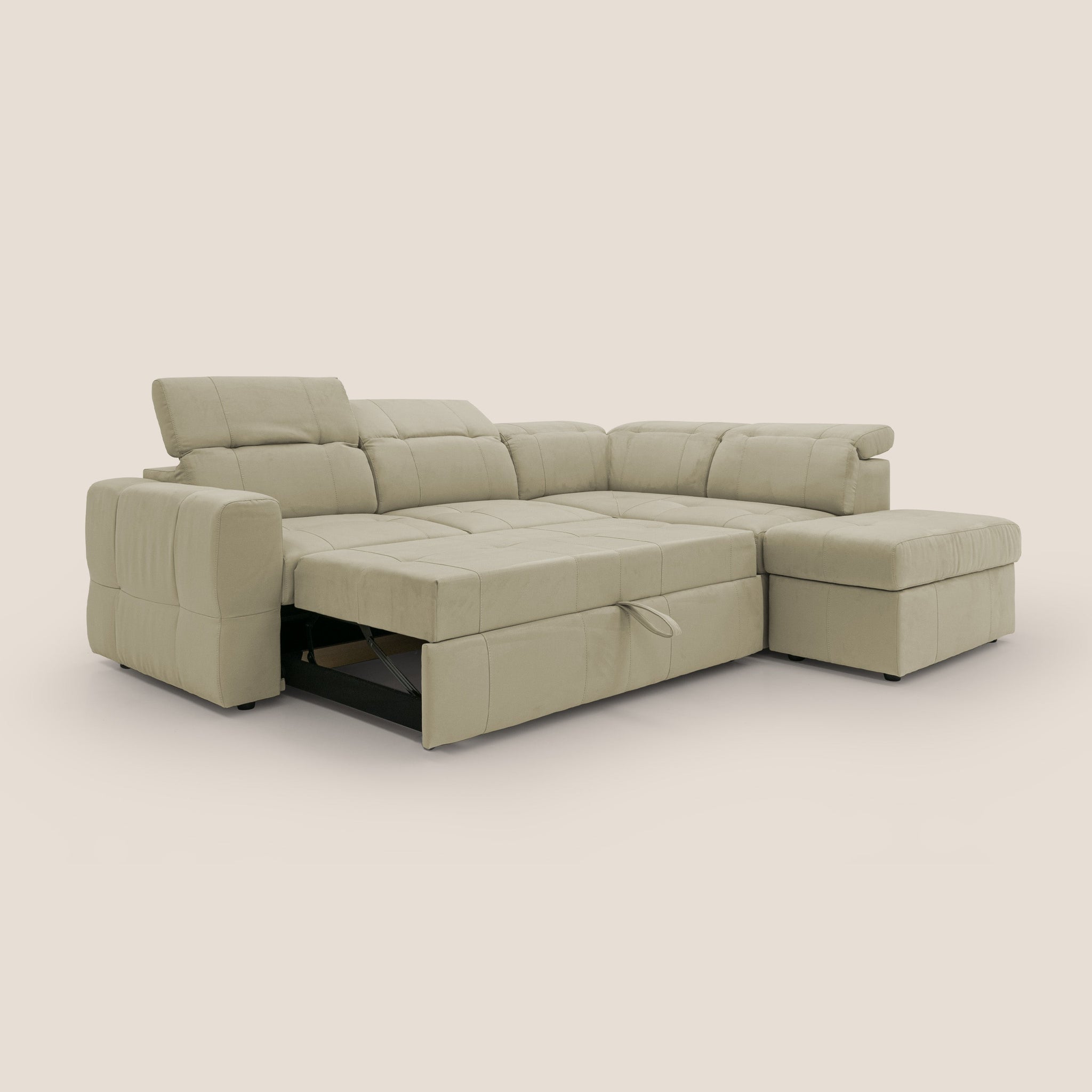 Kronos Ecksofa mit ausziehbarer Ottomane und mobilem Hocker mit Staufach aus wasserfester Mikrofaser T11