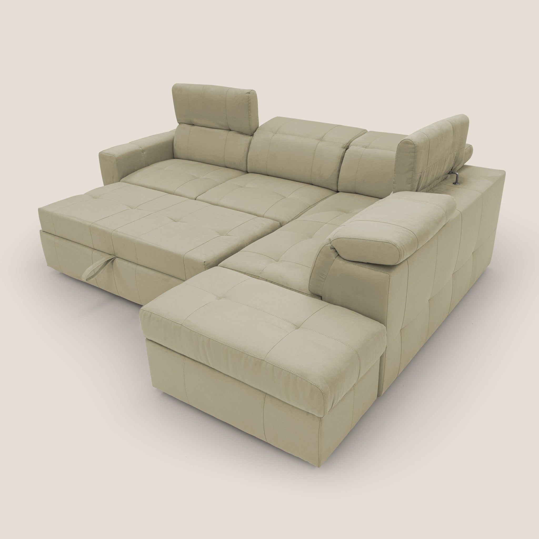 Kronos Ecksofa mit ausziehbarer Ottomane und mobilem Hocker mit Staufach aus wasserfester Mikrofaser T11