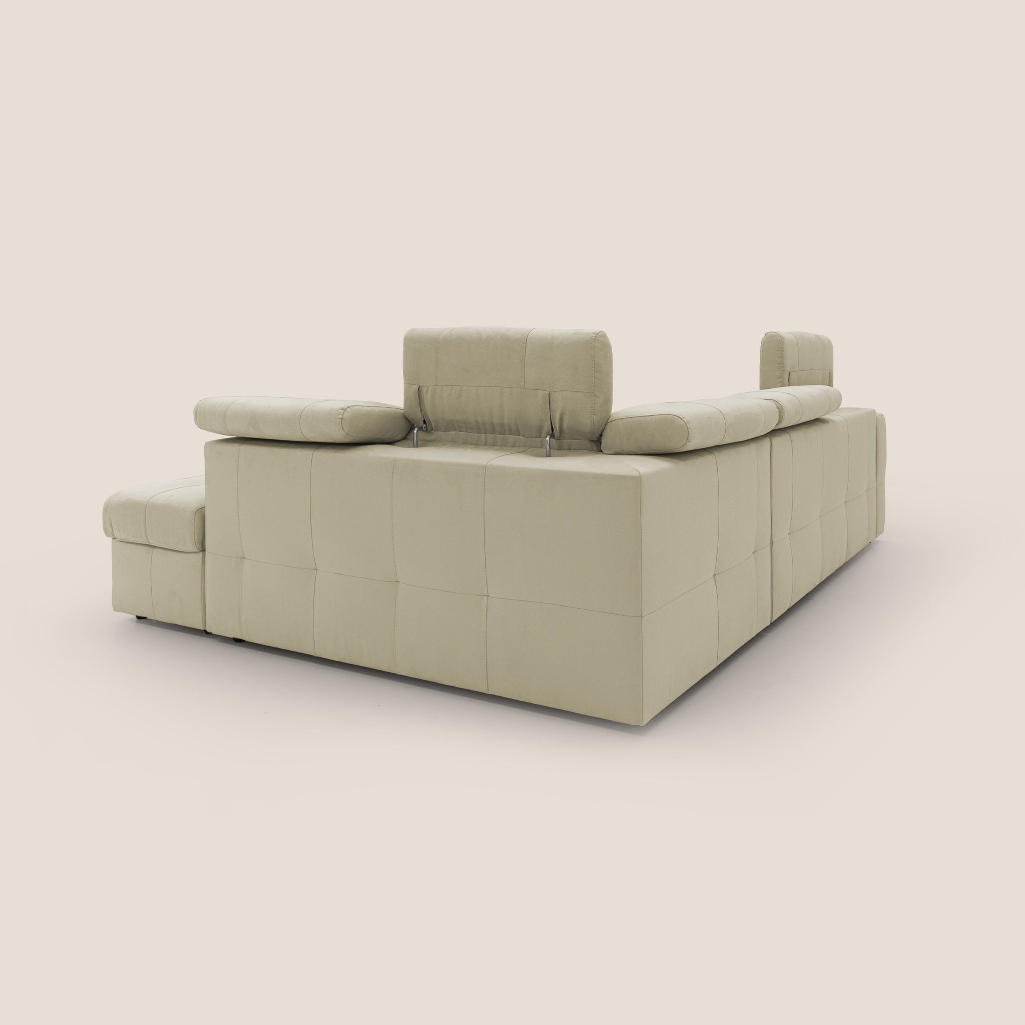 Kronos Ecksofa mit ausziehbarer Ottomane und mobilem Hocker mit Staufach aus wasserfester Mikrofaser T11