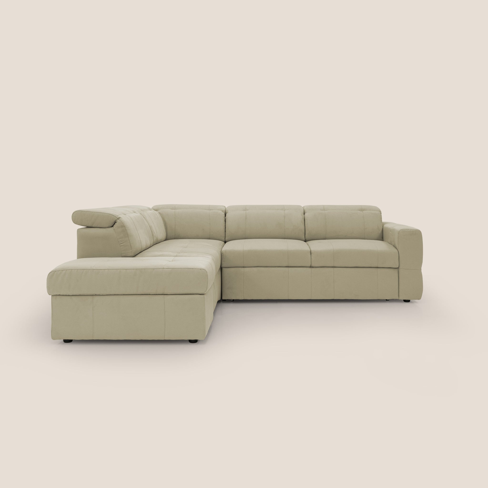 Kronos Ecksofa mit ausziehbarer Ottomane und mobilem Hocker mit Staufach aus wasserfester Mikrofaser T11