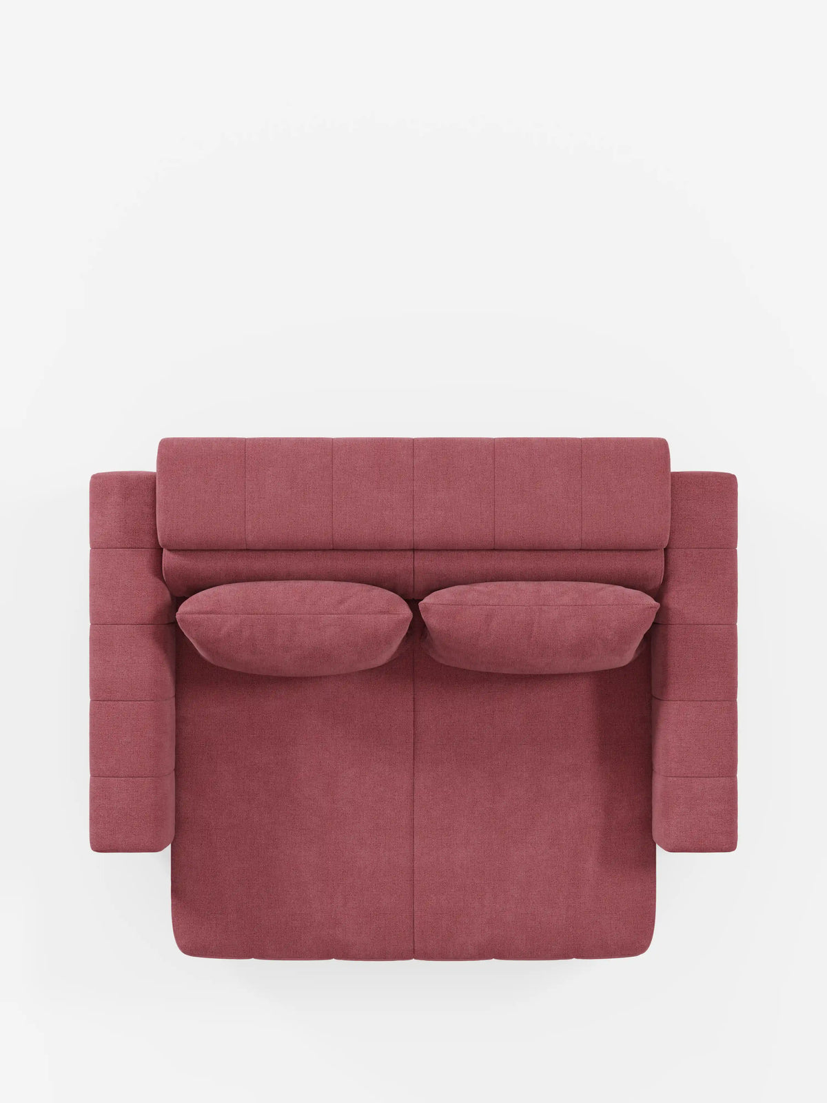 Vista dall'alto del divano dorico a 3 posti con sedute allungabili tramite meccanismo relax elettrico di Divani.Store, rivestito in tessuto T23 rosso-rosato smacchiabile con due cuscini rettangolari abbinati. Questo divano moderno presenta linee pulite e sottili cuciture orizzontali e verticali sui braccioli e sulla seduta, completato da poggiatesta regolabili, il tutto su uno sfondo bianco a tinta unita.
