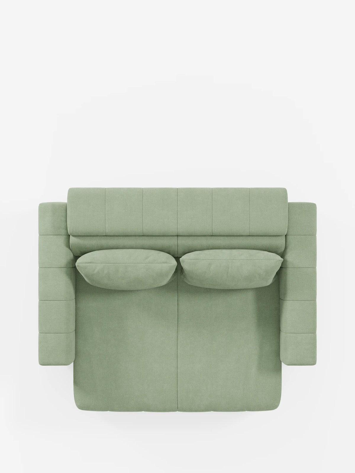 Vista dall'alto del divano dorico a 3 posti di Divani.Store, presentato in un moderno tessuto verde chiaro con tre posti dotati di sezioni estensibili tramite reclinazione elettrica e poggiatesta regolabili. Il divano comprende due cuscini rettangolari coordinati, ampi braccioli imbottiti e una morbida trapuntatura a griglia sullo schienale e sui braccioli, su uno sfondo bianco a tinta unita. Rivestito in tessuto T23 resistente alle macchie.